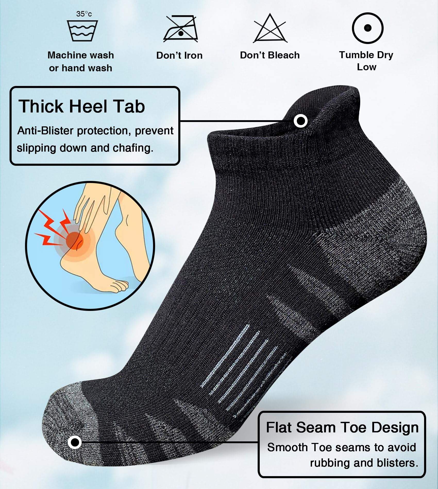 Heyoboy Sportliche gepolsterte Baumwollsocken für Herren, Anti-Blasen, feuchtigkeitsableitend, atmungsaktiv, Laufsocken, 5 Paar