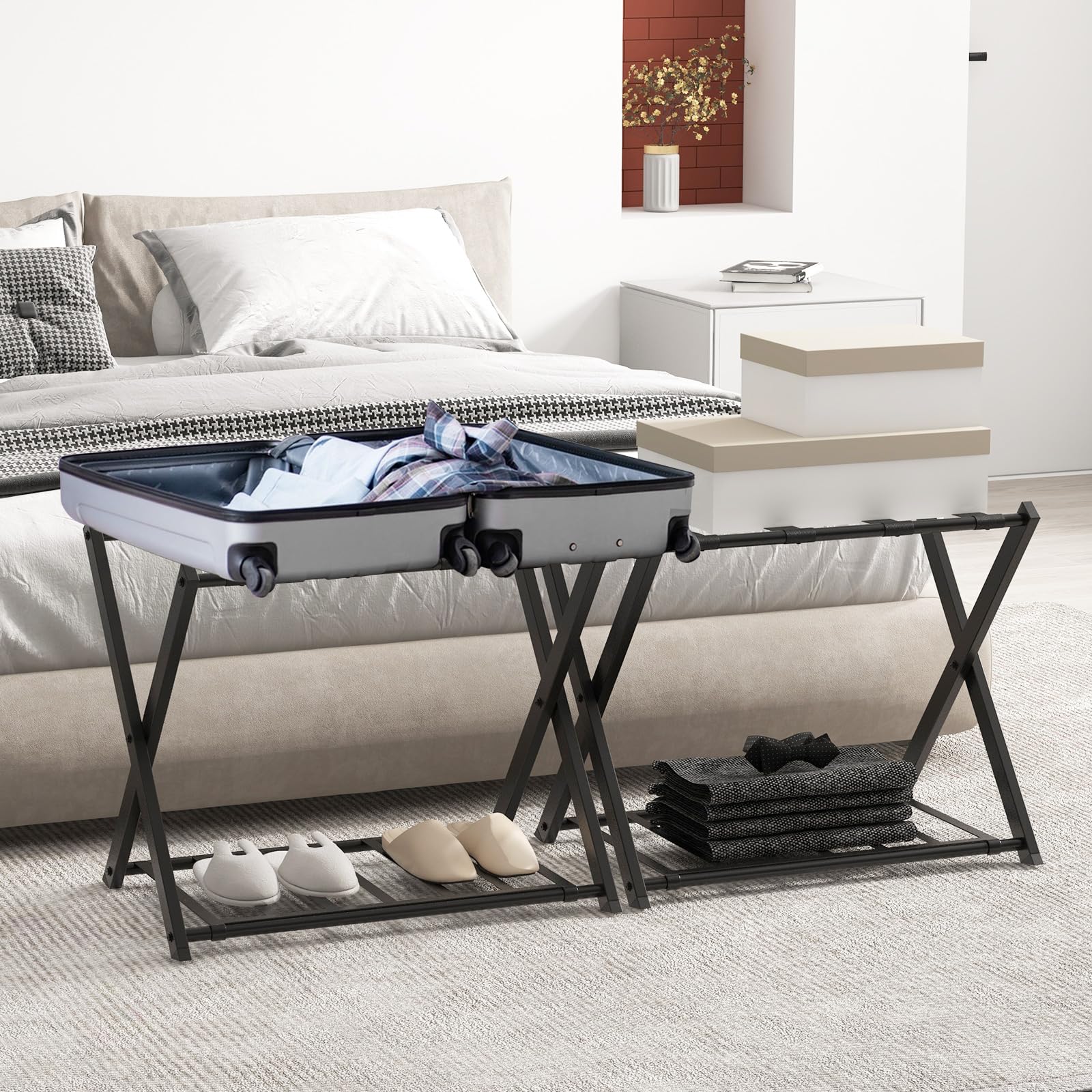 COSTWAY Portavaligie Pieghevole a 2 Ripiani in Metallo 68x43x56 cm Nero
