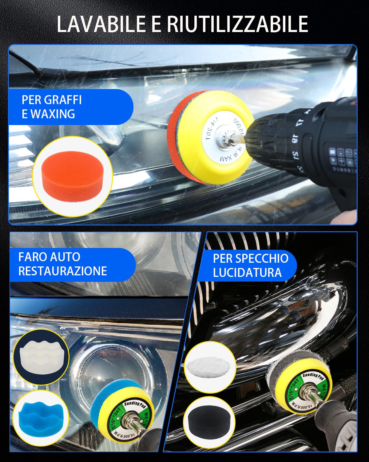Pomsare 194 Pezzi Dischi Abrasivi 50mm Kit Rinnova Fari Auto, Carta Abrasiva e Spugne per Lucidatura Grana 60-10000, Accessori dremel per Carrozzeria, Legno e Verniciatura di Mobili
