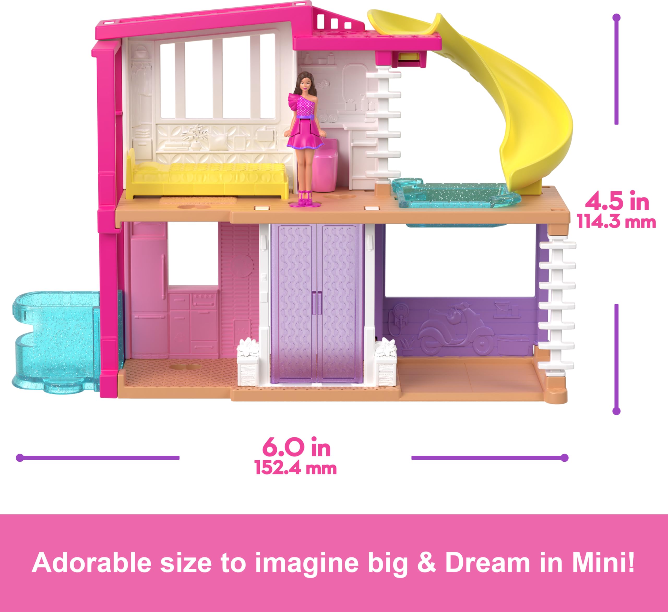 Barbie Zestawy domków dla lalek Mini BarbieLand, mini domek marzeń z 1,5-calową lalką Barbie z niespodzianką, meblami i akcesoriami oraz windą i basenem, HYF47