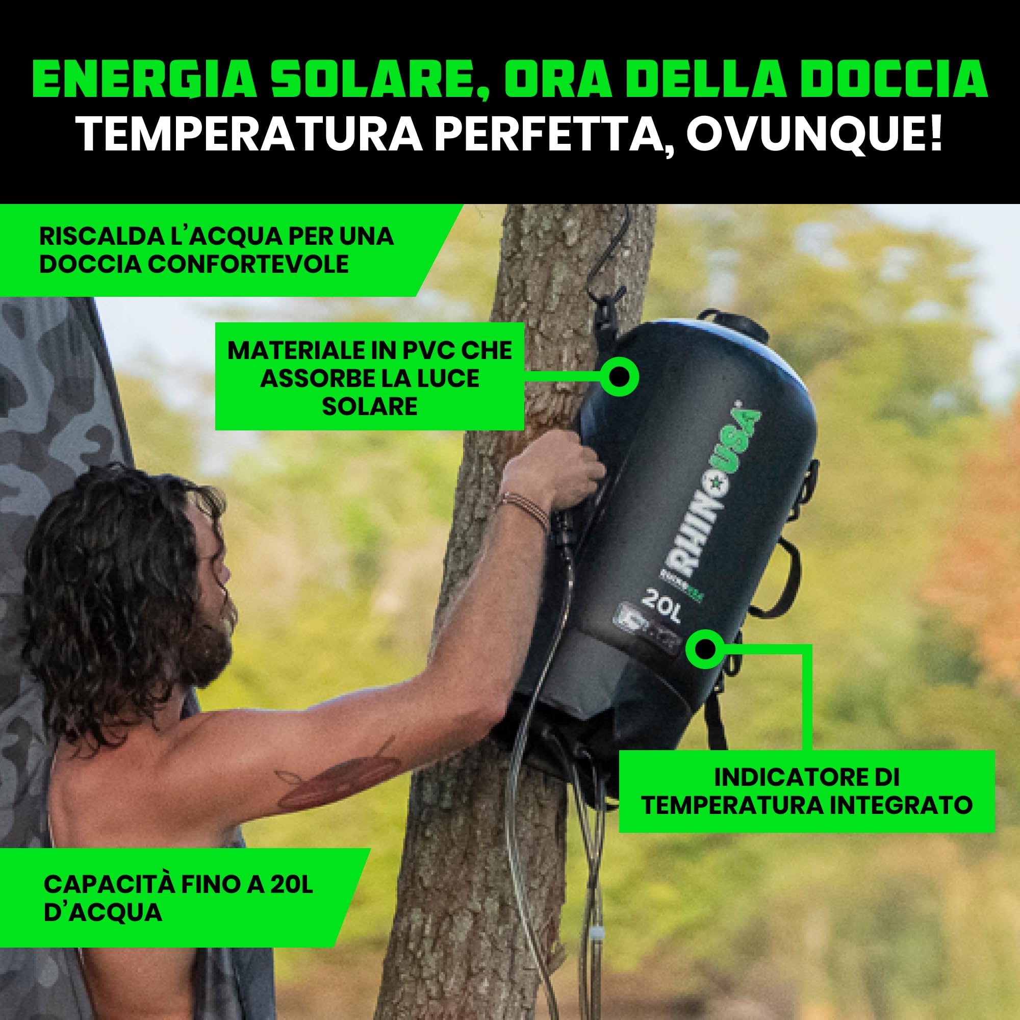 Rhino USA Doccia portatile da campeggio solare da 20 l, essenziale per campeggio, festival, overlanding, gite in spiaggia, doccia all'aperto e molto altro ancora