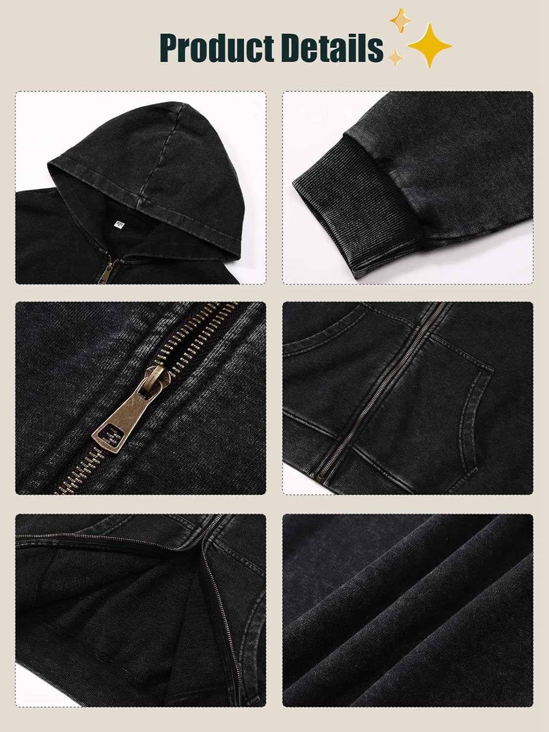 KEEPSHOWING Mens Oversized Sweatshirt Zip Up Hoodie Solid Wash Old Craft Basic Jackets Unisex Heavyweight Casual Sweatshirts - Image 6