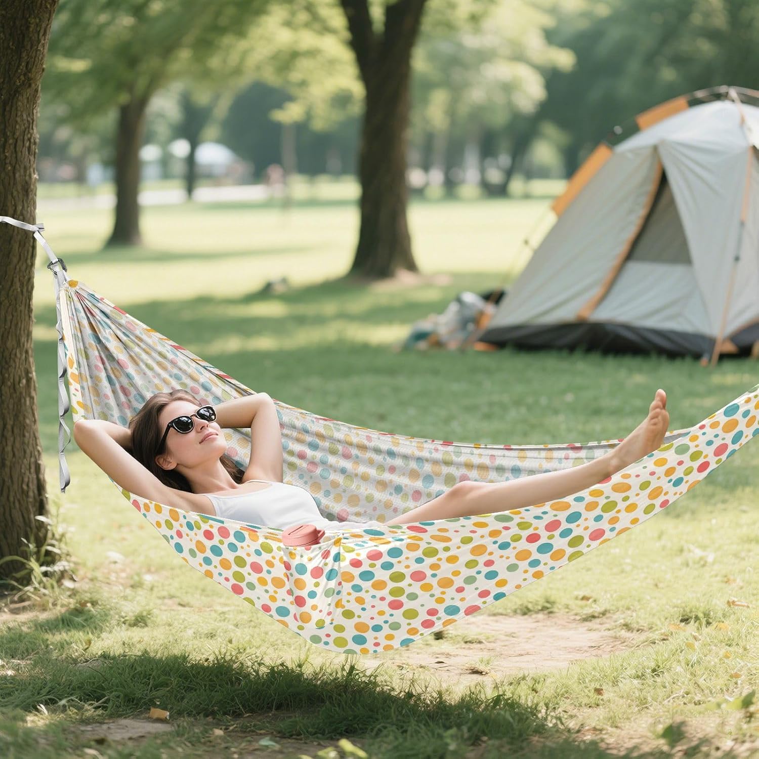 Colourful Polka Dots Hammocks for Camping with Hanging Rope Rope Hammocks for Outside for Indoor Outdoor Patio