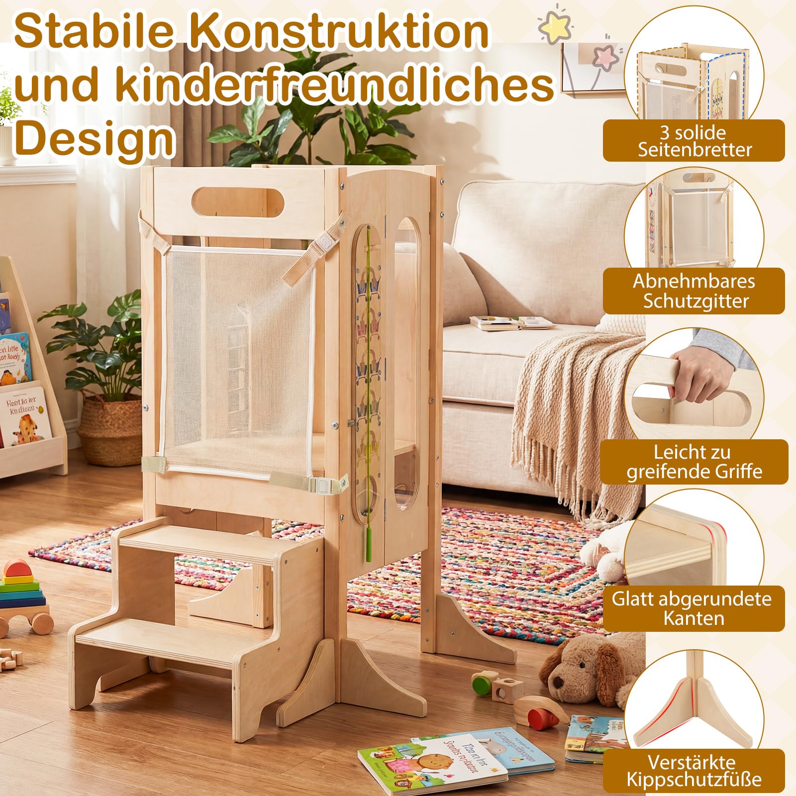 COSTWAY 4 in 1 Lernturm klappbar, Tritthocker aus Holz mit 2-Stufen Hocker, Tafel & abnehmbarem Sicherheitsnetz, Learning Tower Montessori, Tritthschemel für Kinder ab 3 Jahren, Natur