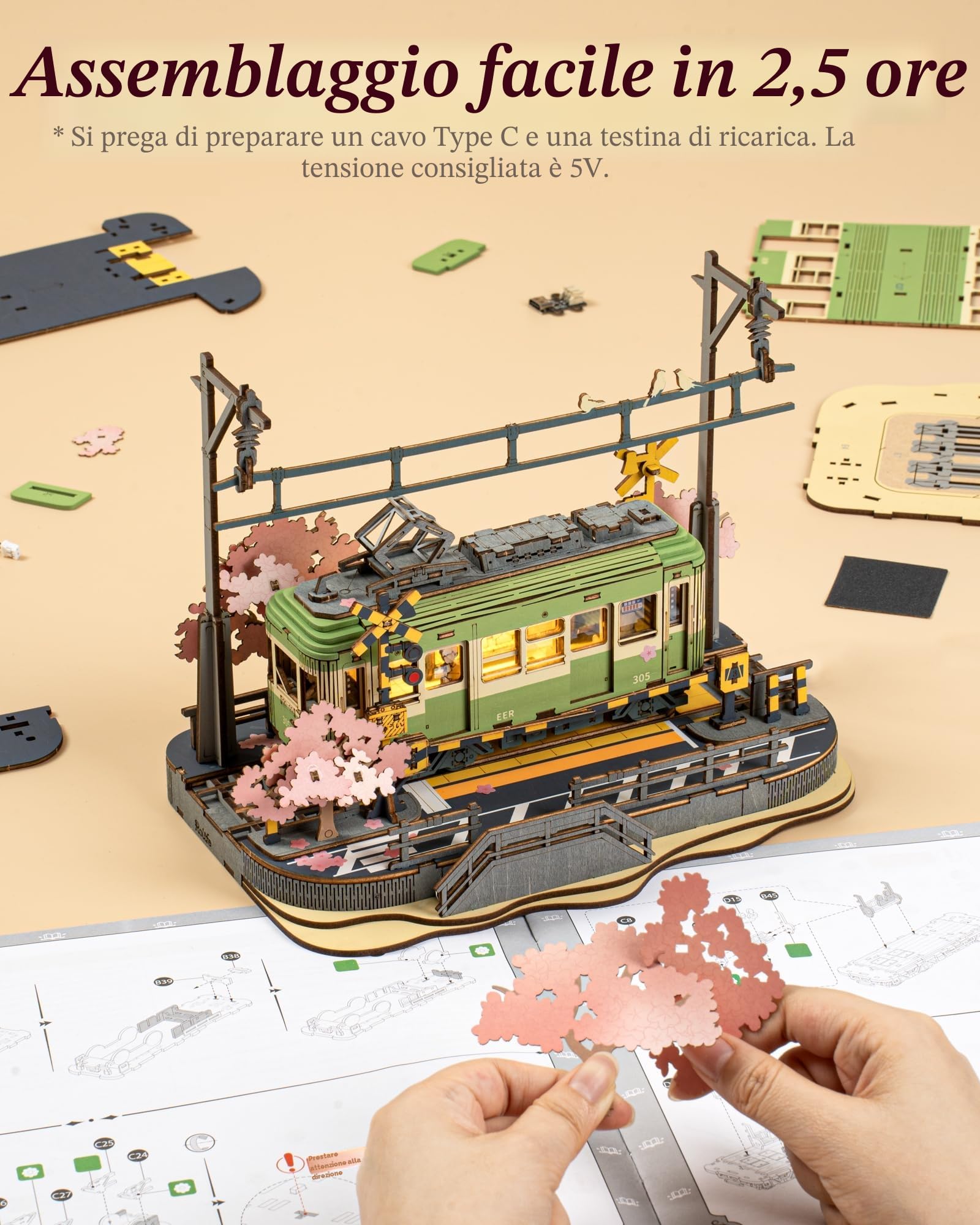 Rolife 3D Puzzle Viaggio Sakura Puzzle in Legno per Adulti da Costruire Kit Modello Sakura Densya con Luci LED Animazione Scena Casa Decorazione Regali di Compleanno Romantici per Lei/Lui