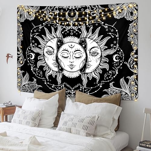 Miniatura 2 de Uspring Tapiz de sol y luna, tapiz de pared con sol ardiente, tapices blancos y negros, tapiz de luna y estrellas, tapiz hippie con mandala para