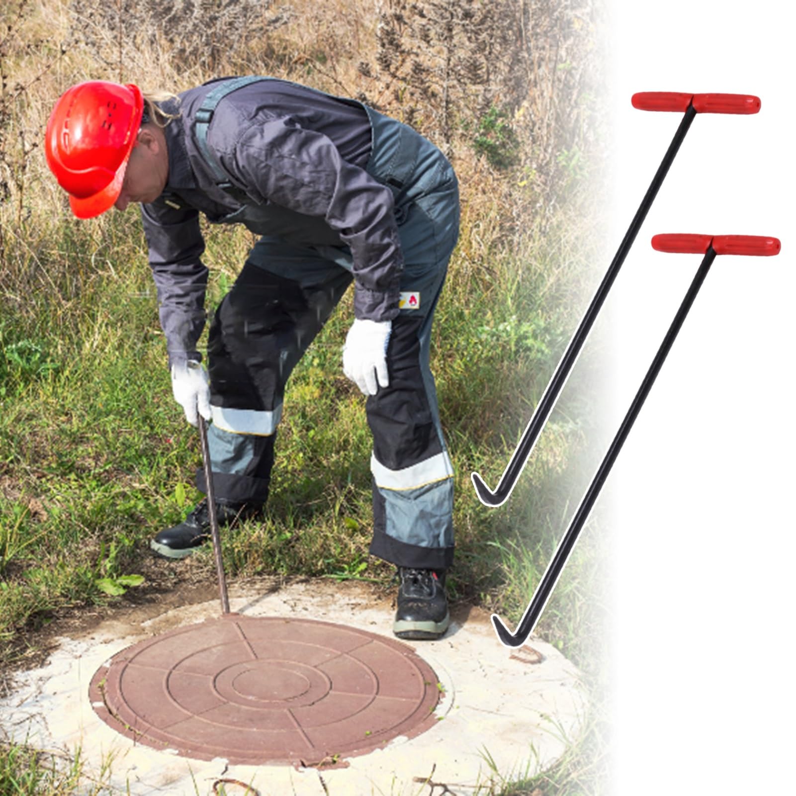 Gancio Tombino Sollevatore con Gancio per Chiusino in Acciaio 2 Pezzi, Strumento di Sollevamento per Griglia di Scarico con Manicotto in Gomma Antiscivolo, Estrattore per Gancio per Chiusino(2 Pcs-66