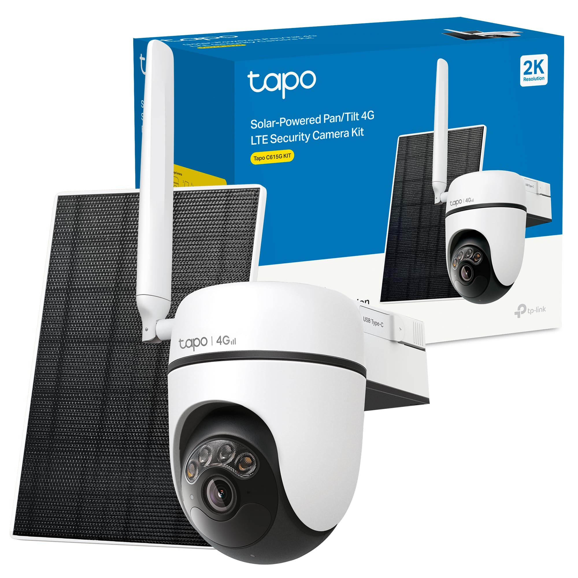 Tapo C615G Kit - Cámara vigilancia WiFi Exterior 360°, 4G y WiFi, 2K, Solar | Detección de Movimiento, Personas, Mascotas y Vehículos. Con Panel Solar. Alarma Luz y Sonido. App Tapo.