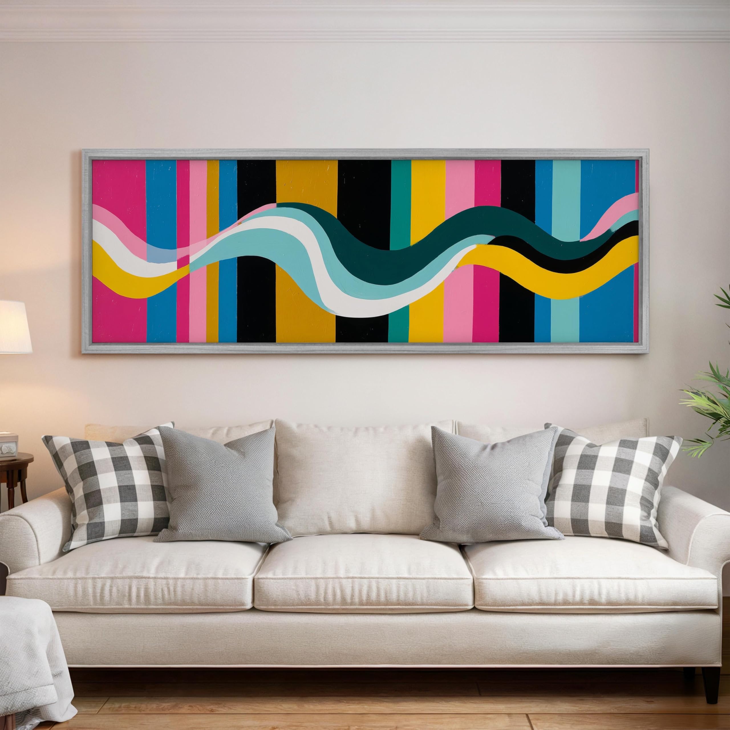 XINBAO Obraz falowy, duże panoramiczne płótno, duże oprawione dzieło sztuki, kolorowe paski, wystrój retro, dekoracja ścienna do salonu (60 x 180 cm/wewnętrzna rama)