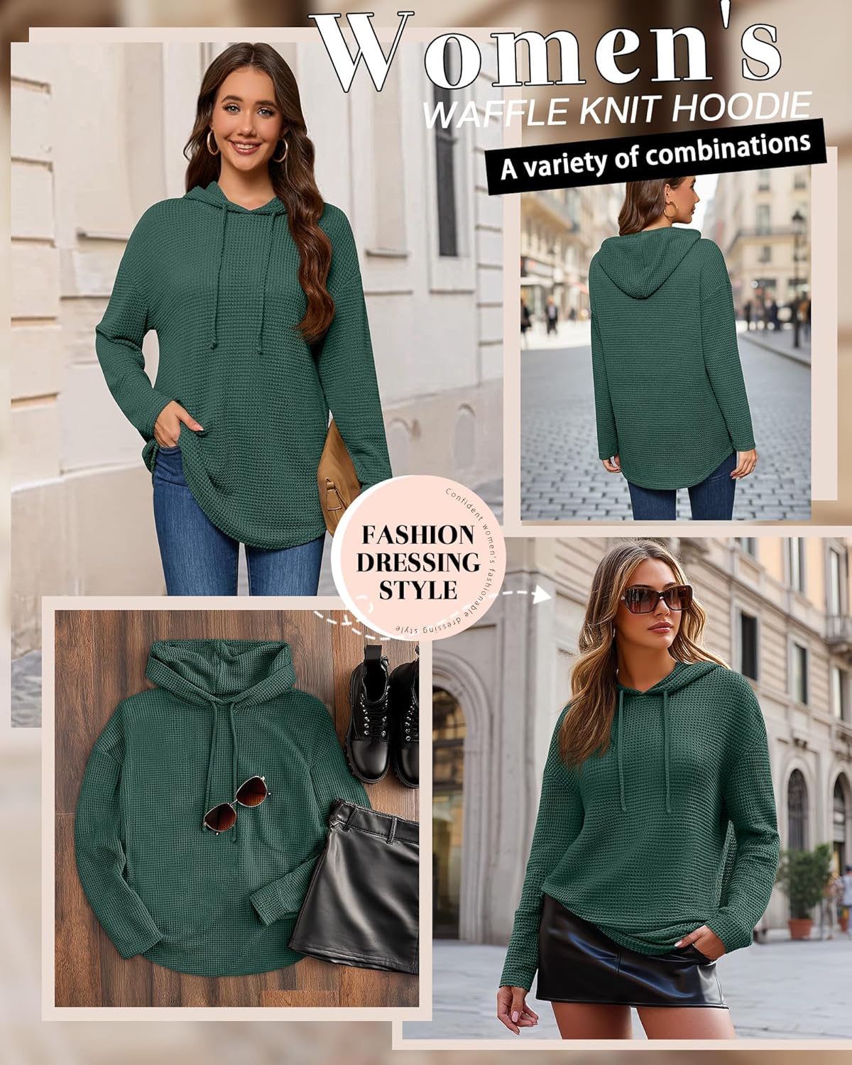 Oversized Hoodies for Women Waffle Knit Casual Long Sleeve Drawstring Pullover Sweatshirt Loose Fit Hooded Tops - Image 3