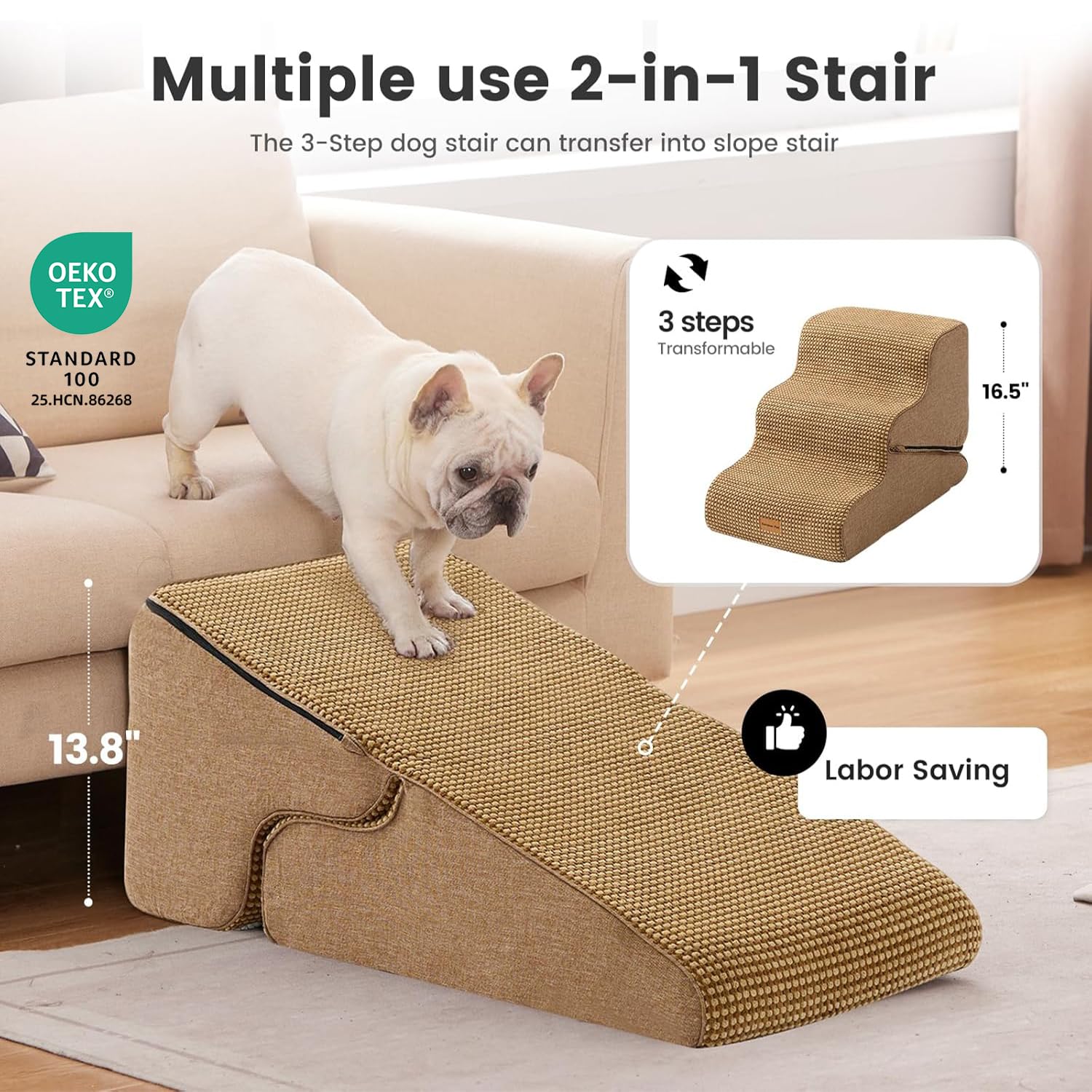 Gardner Pet Scala per Cani Piccoli 35/42cm, 3 Gradini, Rampina in Schiuma con Rivestimento Antiscivolo e Impermeabile per Letto, Divano e Auto, Marrone