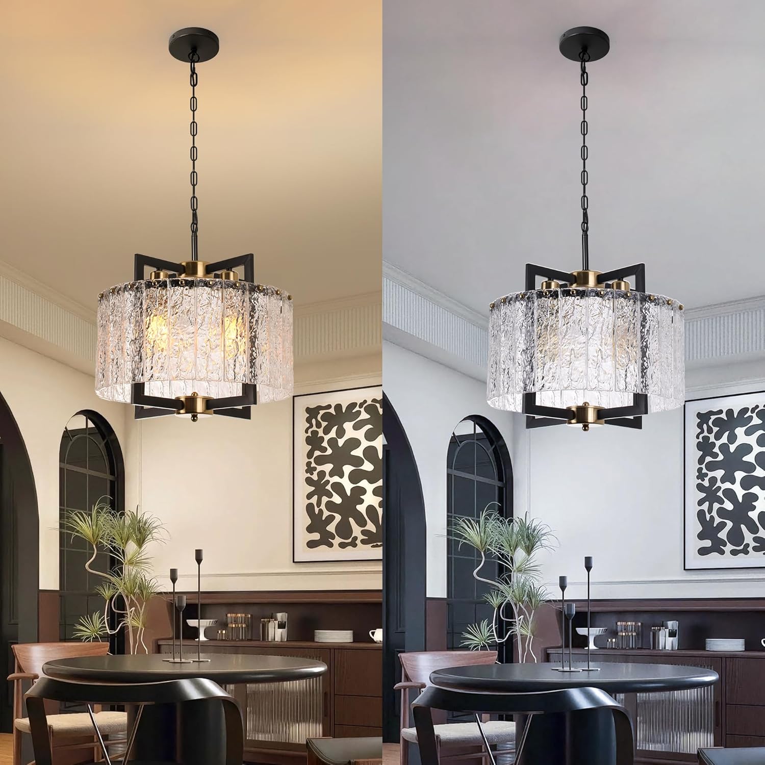 Chandelier with warm light and white light bulbs