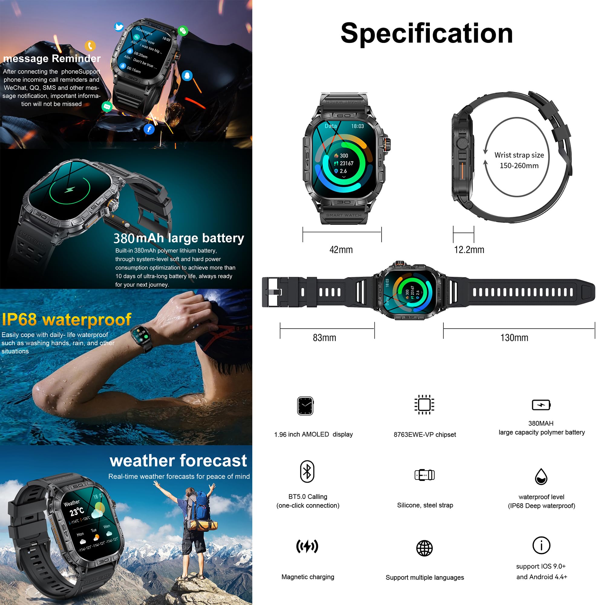 Smartwatch męski z funkcją telefonu, Smart Watch 1,96" AMOLED z połączeniami telefonicznymi Bluetooth 5ATM, wodoszczelny zegarek fitness z monitorem tętna, monitorem snu, krokomierzem, zegarek