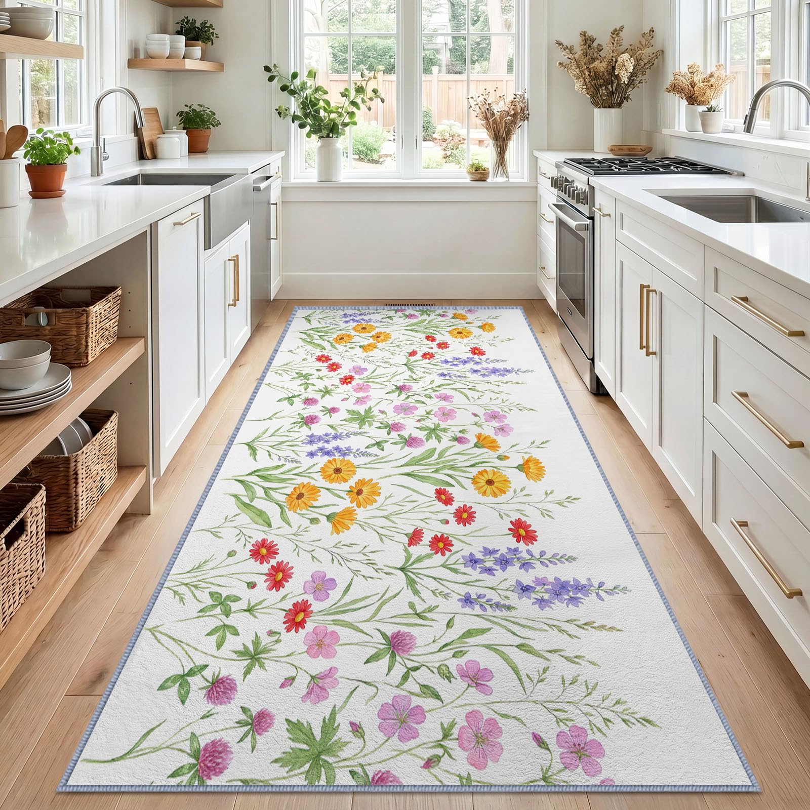 Fleurs Sauvages Prairie Tapis Couloir Lavable en Machine 60x240cm