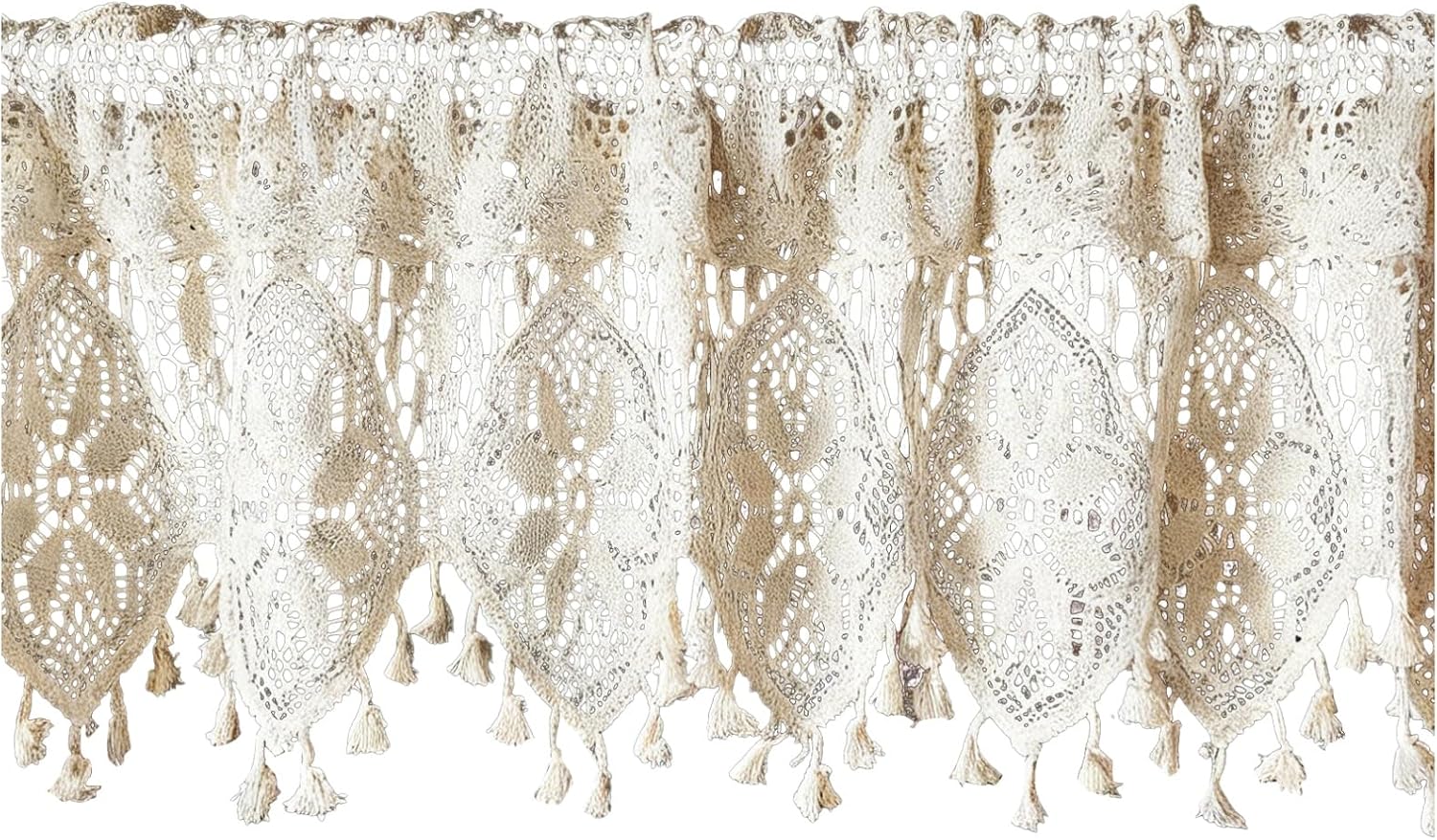 Crochet Valance 35.4 x 15 in, Cotton Half Window Curtain for Kitchen, Beige Farmhouse Valance with Tassels & Hook and Loop Fastener