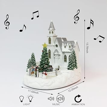 MOMENTS IN TIME Lighted Musical Christmas Church with Animated Carolers 13.5 LED Holiday Village Building Plays 8 Classic Christmas Songs Adapter Powered Decor Piece