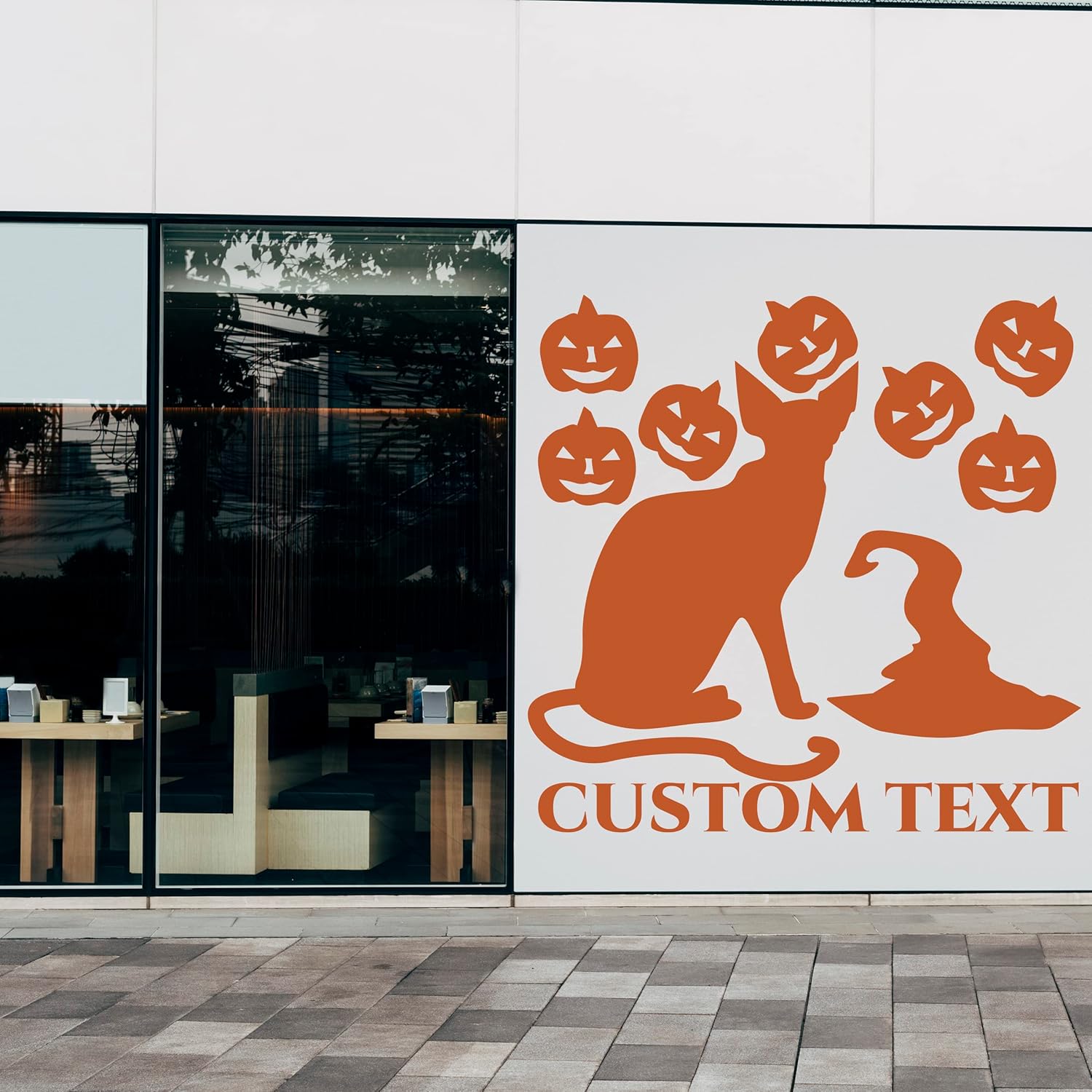 Large Cat Hat Pumpkins Patterns with Custom Text Decal with Choice of Size and Color to Decor Store Window - Halloween Window Clings Decal with Personalized Text 46x46 in inches