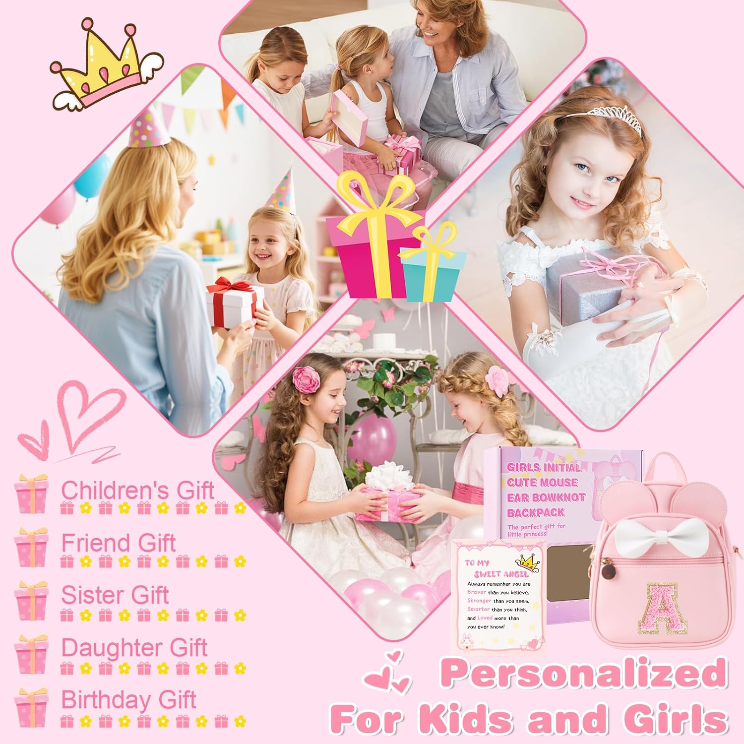 Personalized Toddler Backpack for Girls 3–10, Cute Mini Bowknot Mouse-Ear Toddler Bookbag Crossbody Purse, Small Daypack Wallet Set, Initial Birthday Gift, Trendy Little Kids/Teen Bag(Pink,A) - Image 8