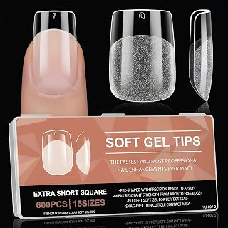 600PCS Short Square Nail Tips, 15 Sizes Clear Fake Nails, Half Matte Full Cover Pre-Shaped Soft Gel Nail Tips | Acrylic Press on Nails for Extension, Beginners and Professional Salon