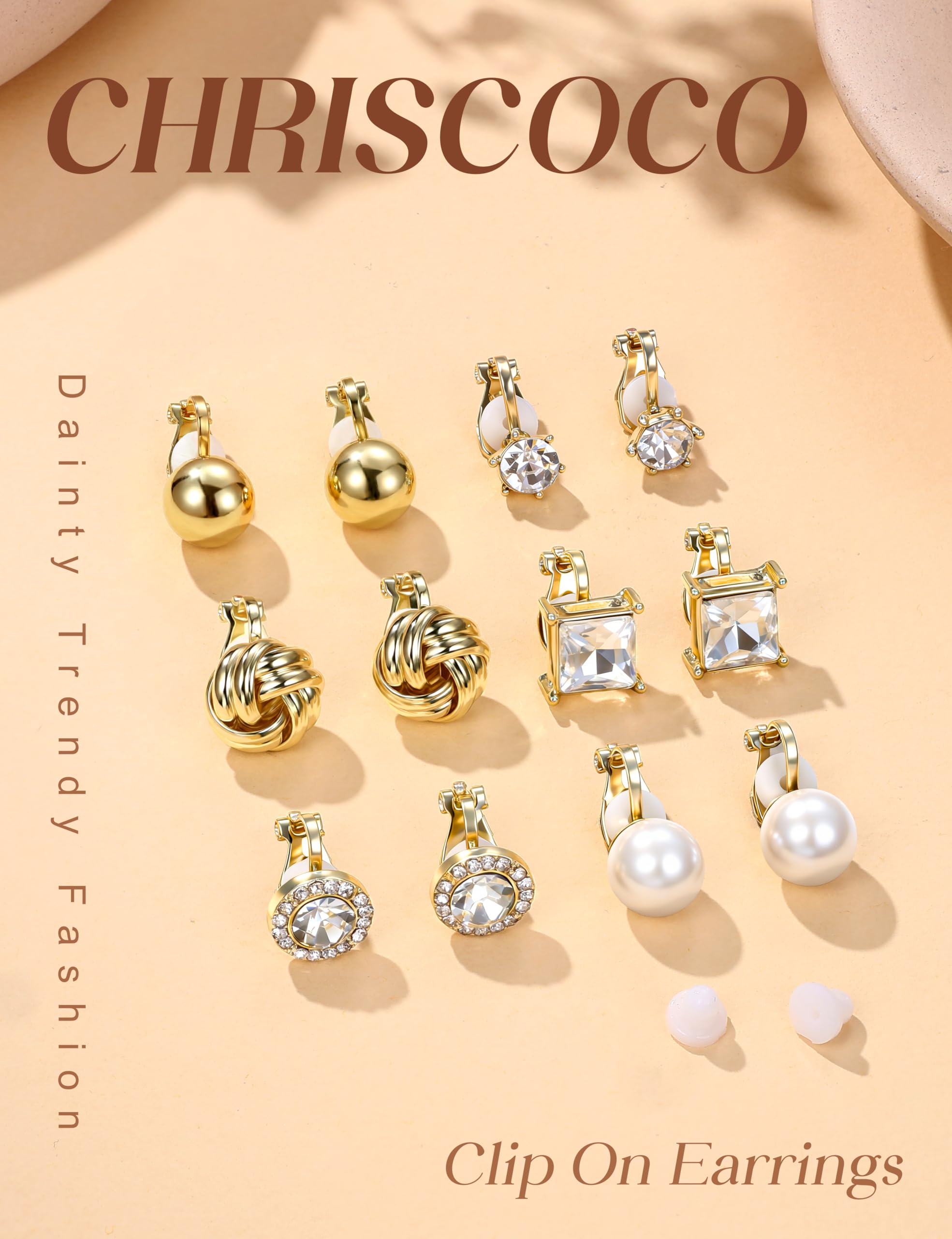 Clip-On-Ohrringe für Damen, 14 Karat vergoldet, Clip-Ohrring, Nicht durchbohrt, CZ-Perlenknoten, gedreht, klobige Creolen, Ohrclips-Set, hypoallergen, Statement-Fake-Ohrring