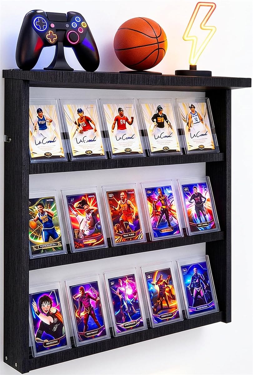 Sports Card Display Shelf, Wall Mounted Wooden Graded Card Display | Holds 12–15 PSA, BGS and SGC graded cards with a wooden wall display for Pokemon, baseball, and trading card collections.