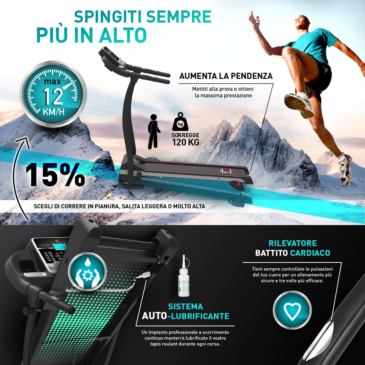 YM TAP100APP Tapis Roulant Elettrico Pieghevole, Marchio di Qualità ITALIANO, 12 km/h App KINOMAP & ZWIFT Video/Coach, Sensore Cardio Inclinazione Regolabile, 12 Programmi, 750W (1800W - 2,5HP Picco)