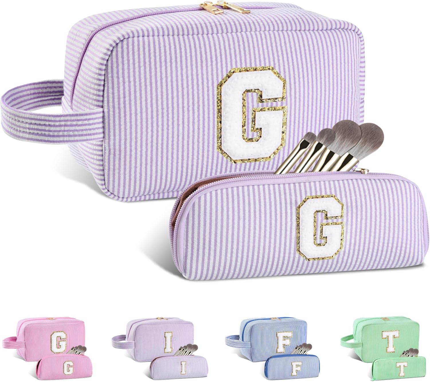 2PCS Personalized Initial Makeup Bags Set A-Z for Women(Purple, G)