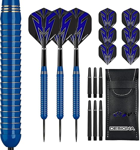 Mako Juego de dardos de latón electro con punta de acero con barril recto que incluye 6 vuelos estándar, 6 tallos, tarjeta de pago y estuche de