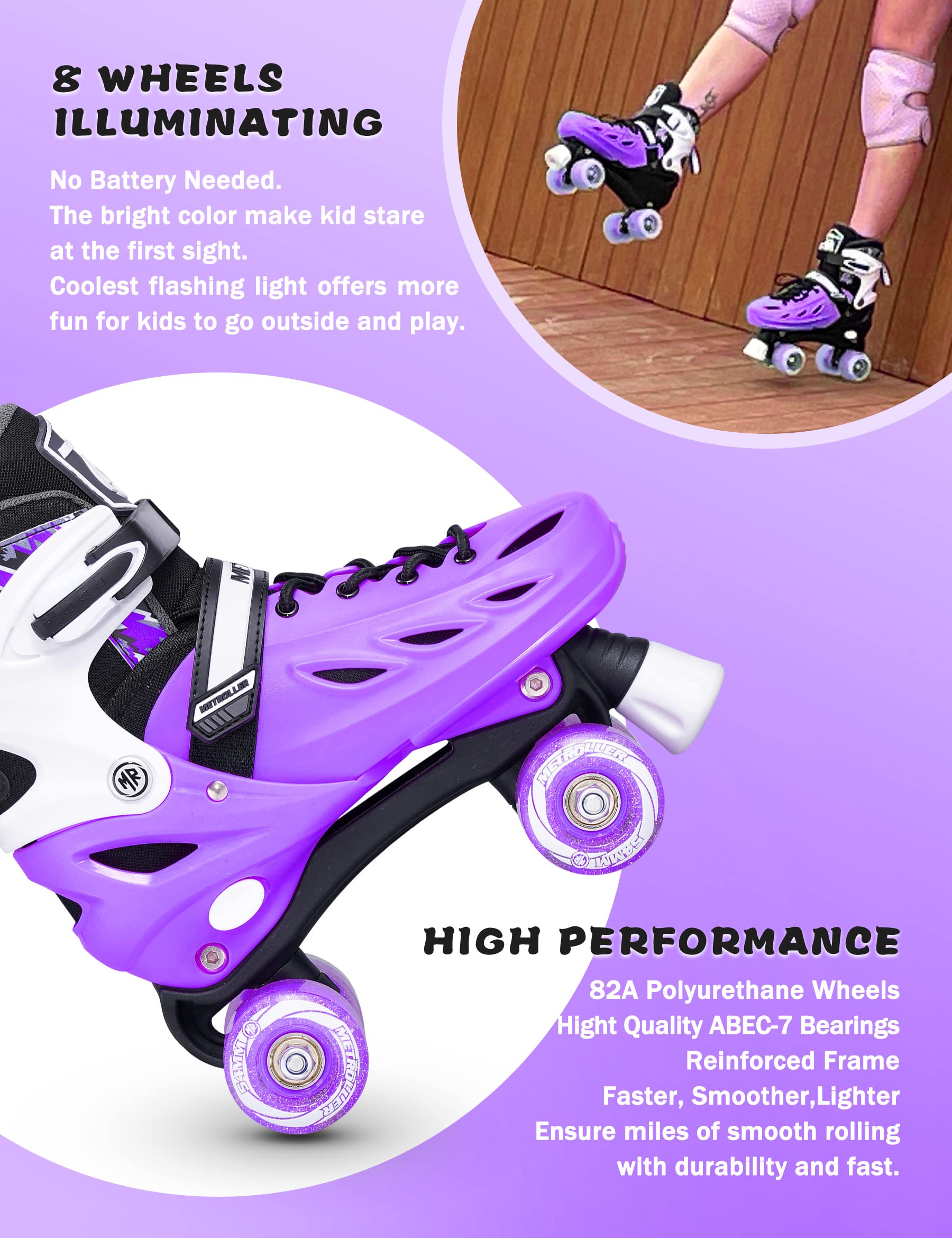 METROLLER Roller Skates for Girls Ages 5-8 8-12 and Boys Teens, Adjustable 4 Sizes for Kids Toddler Rollerskates with Light up Wheels, for Women