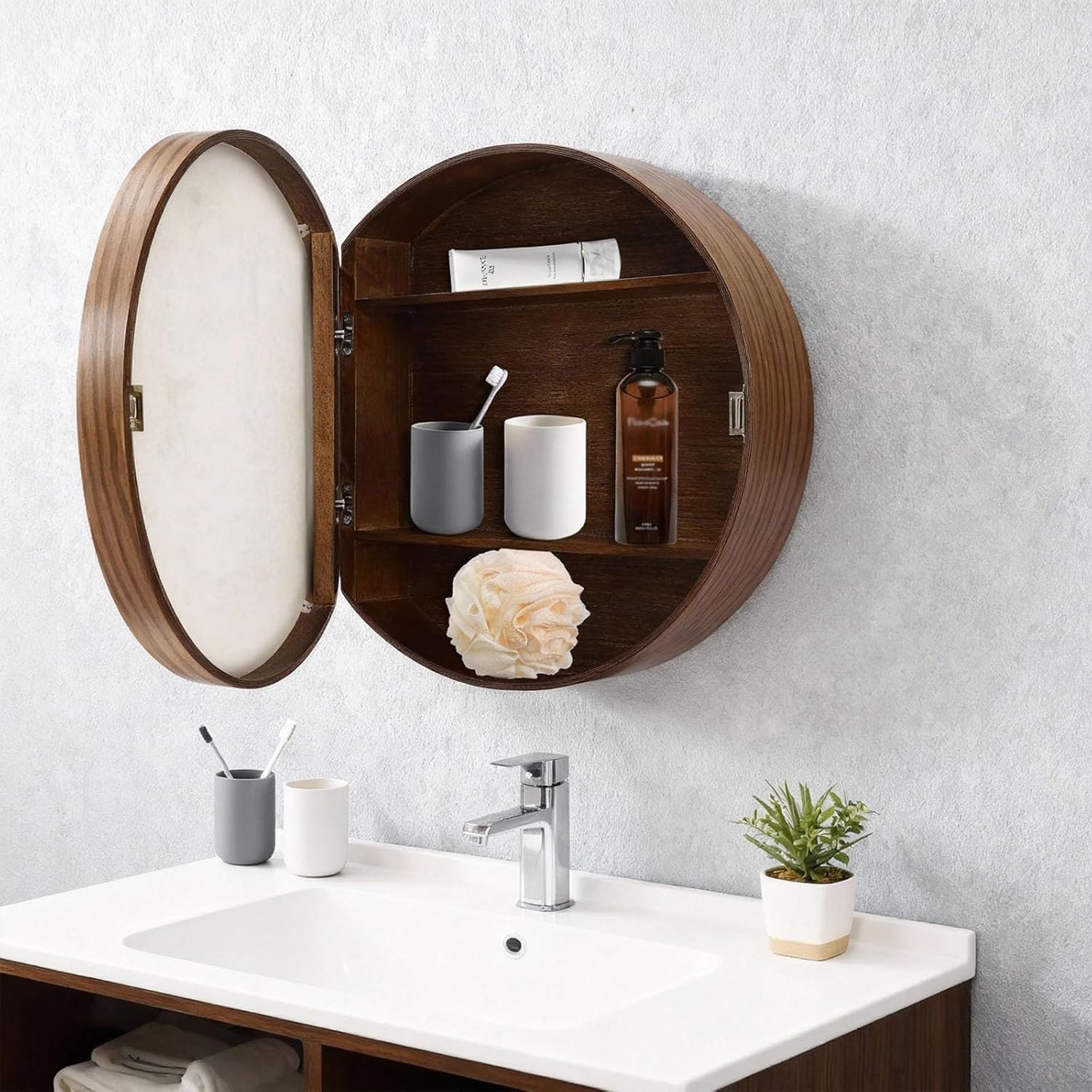 Bathroom Medicine Cabinet with Mirror, 19.68''D x 5.4''H Wall Mounted Round Mirror Medicine Cabinet Modern Vanity Mirror with Storage for Bathrooms, Balconies, Commerical(Walnut)
