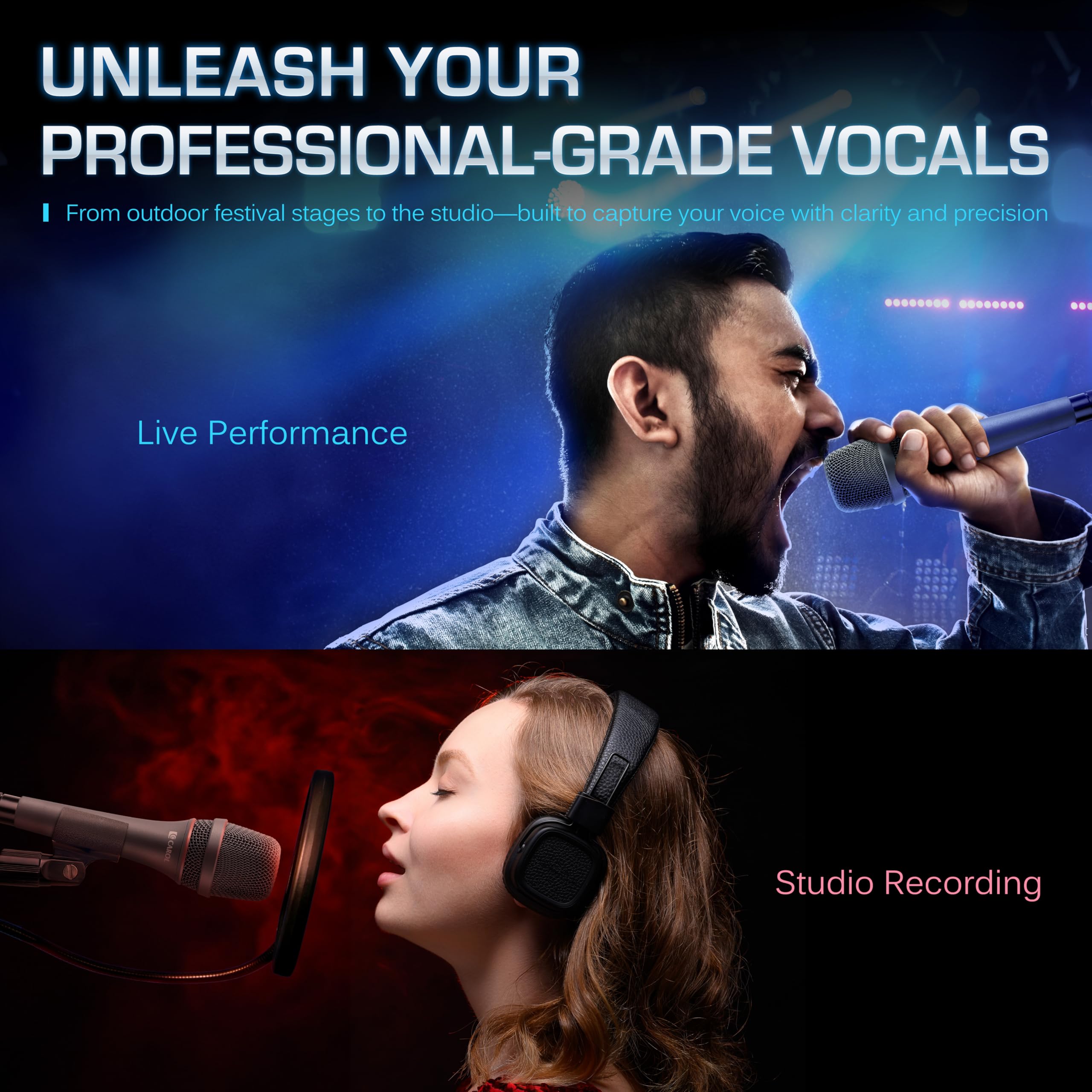 CAROL AC-900 XLR Micrófono vocal con cable, supercardioide sin interruptor, color gris | Micrófono dinámico con cancelación de ruido AHNC de doble motor para karaoke, escenario, estudio. Incluye: Cable de 4,5 m.