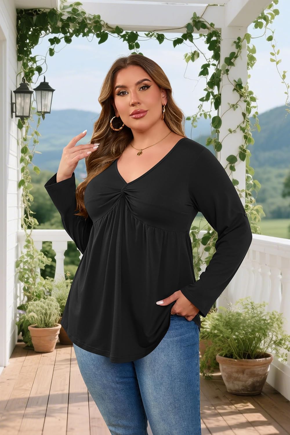 AMCLOS Womens Plus Size Tops Deep V Neck Twist Knot Front Shirts Casual Flowy Slim Fit Dressy Blouses Roll up Sleeve Tunic - Image 5