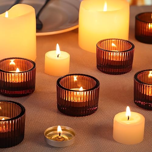 Miniatura 4 de Juego de 12 Portavelas para Velas de Té, Portavelas Votivos Pequeños Color Ámbar para Centro de Mesa, Portavelas de Cristal para Velas de Té