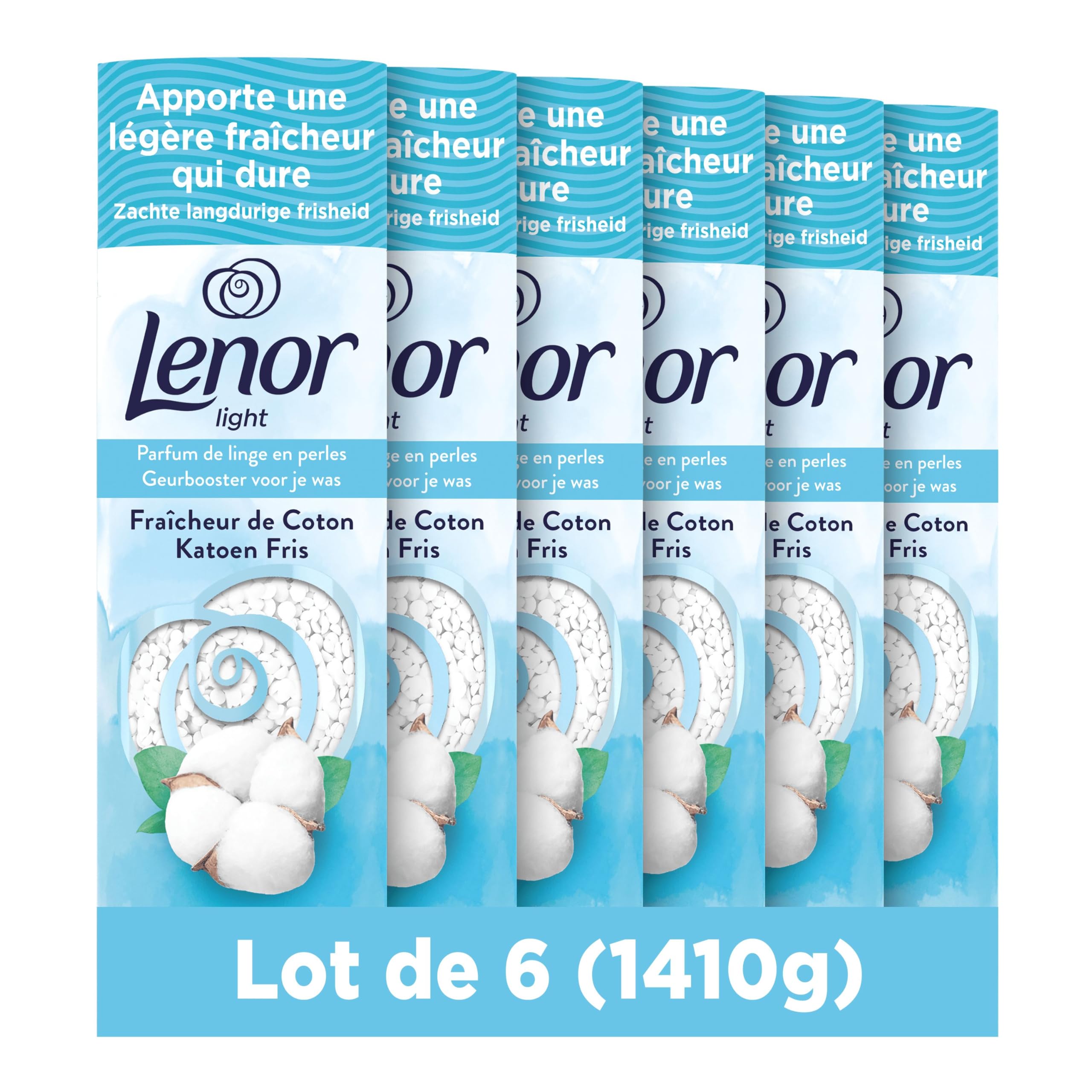 Lenor Light Parfum De Linge En Perles, Environ 100 lavages (235g x6), Parfum Fraîcheur De Coton, Jusqu’à 12 Semaines De Fraîcheur Continue, Même Dans L’Armoire, Intensité Personnalisable