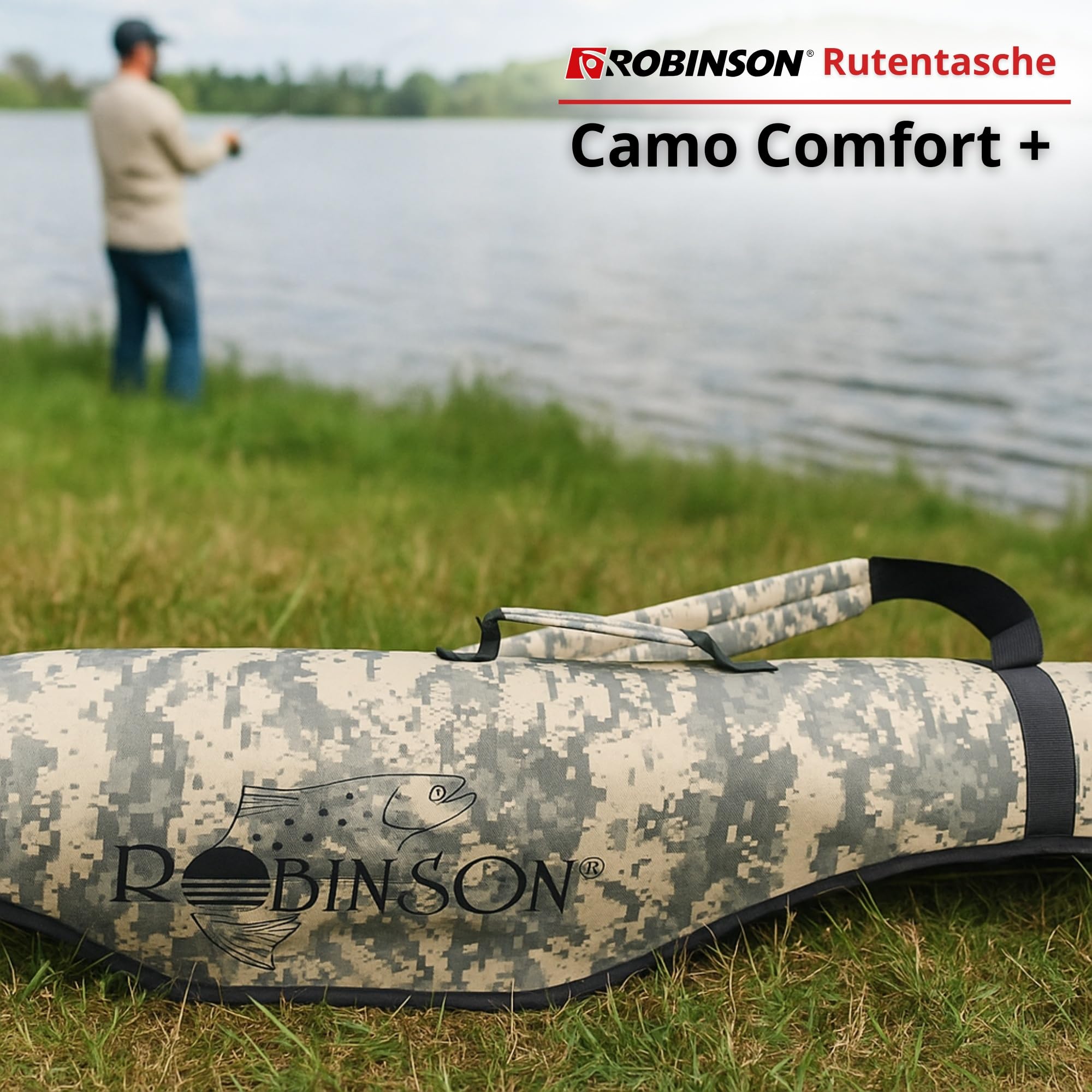Robinson Rutentasche 1,5m - Angelrutentasche mit Rollenschutz - 2 Fächer verstärkt für Street Fishing und Spinnfischen, professioneller Rutenfutteral - Camo Comfort