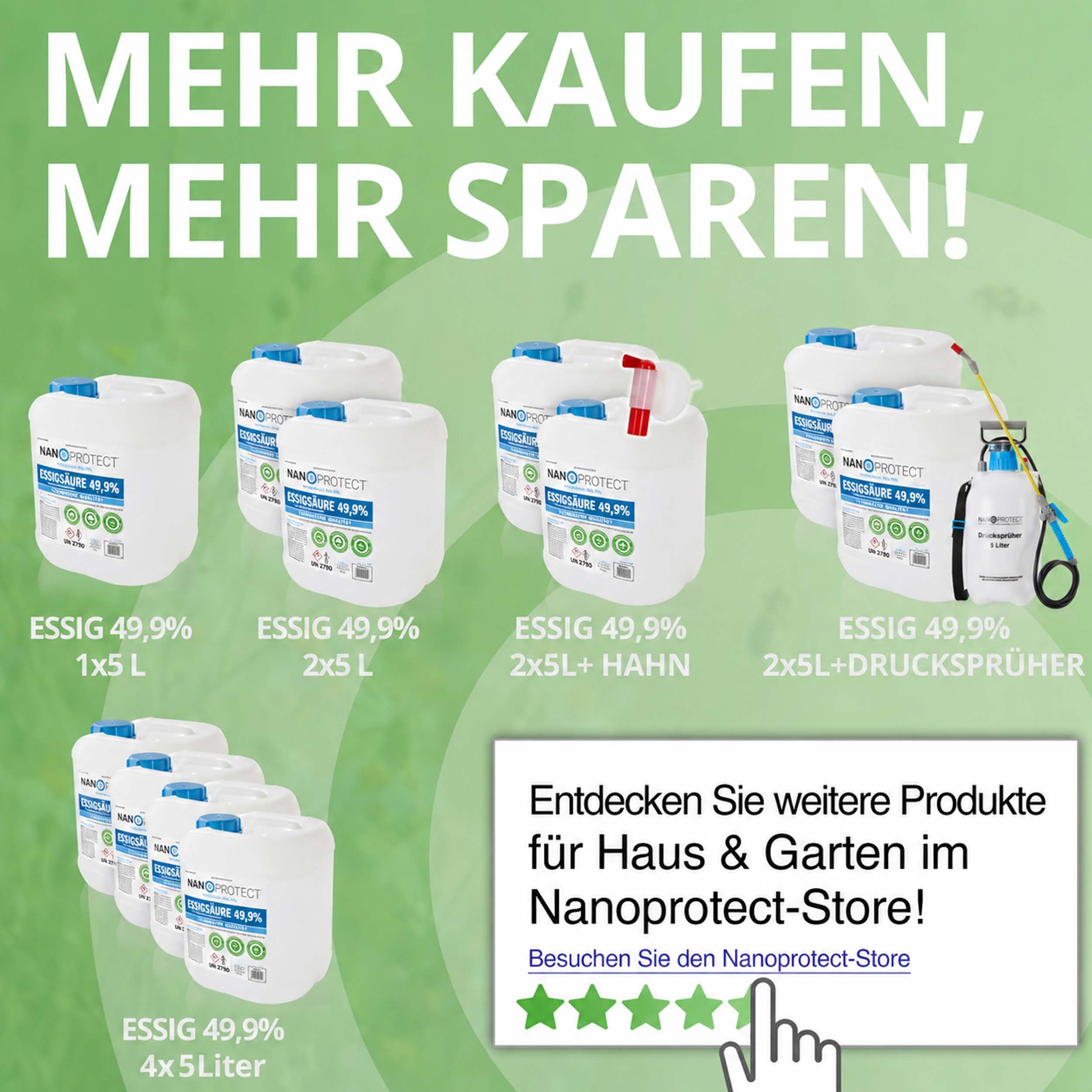 Nanoprotect Unkraut-Stopp Grundstoff Essig/Acetum 5 Liter | Natürlicher Unkrautvernichter für Wege, Pflaster & Terrassen | Biologisch abbaubar | Vinegar E 260 Lebensmittelqualität | Essigsäure