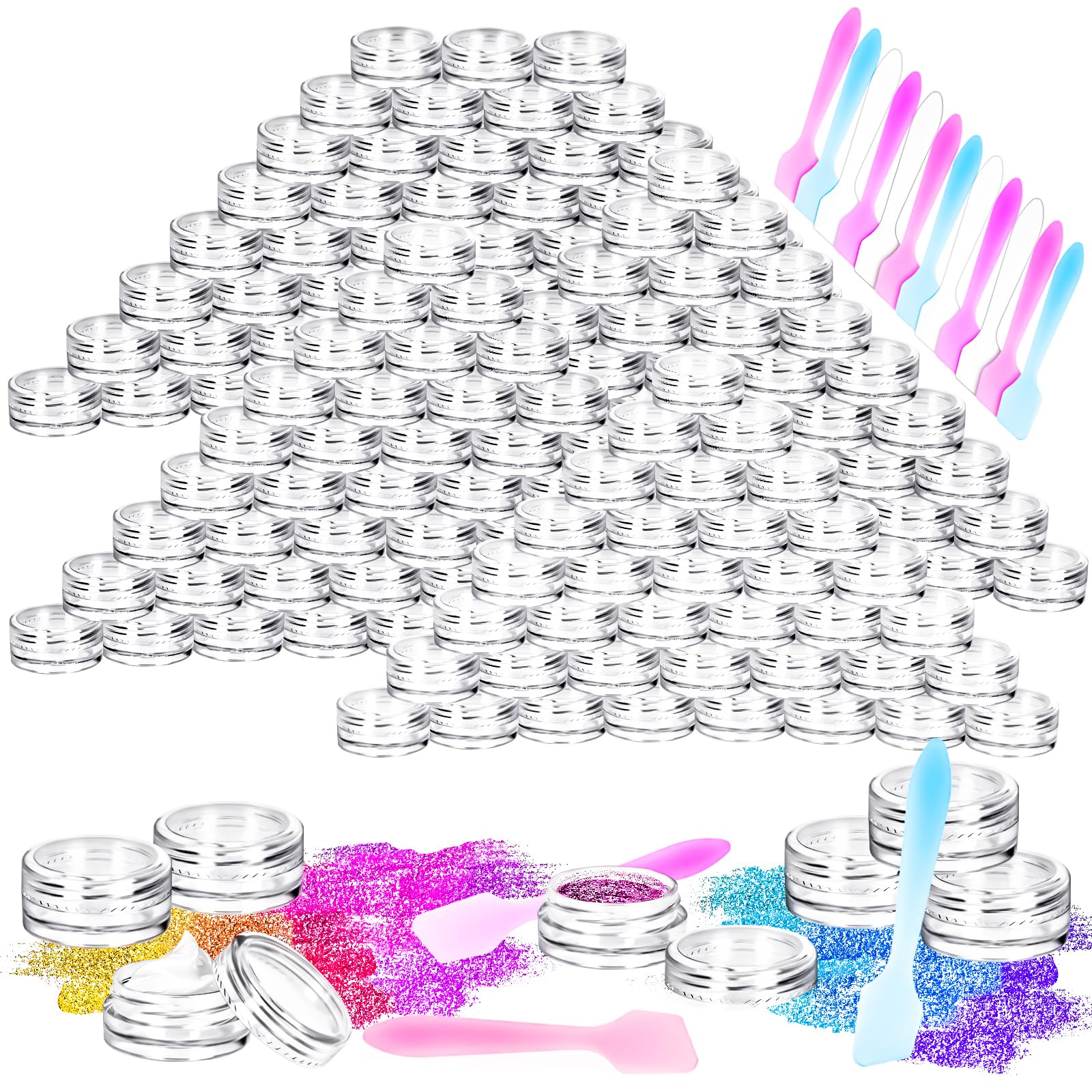 MotBach 70 Pack 3g Plastic Jars Round Clear Containers with Lids, 3gram Makeup Containers Jars, 3ml Sample Jar Travel Cosmetic Jar with Spatulas for Sample Lotion Cream Powder Makeup Travel Storage