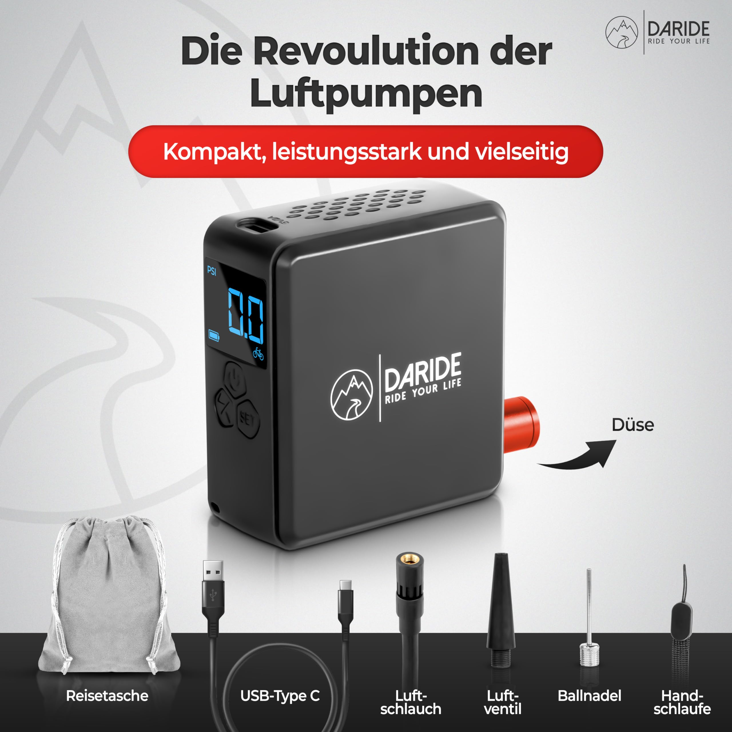 Mini Elektrische Fahrradpumpe - Kleine Akku Luftpumpe & Kompressor für Fahrrad, Auto, Motorrad, Bälle, Tubeless | [10,3 Bar] | Tragbarer Minipumpe & Reifendruckprüfer mit LED-Bildschirm
