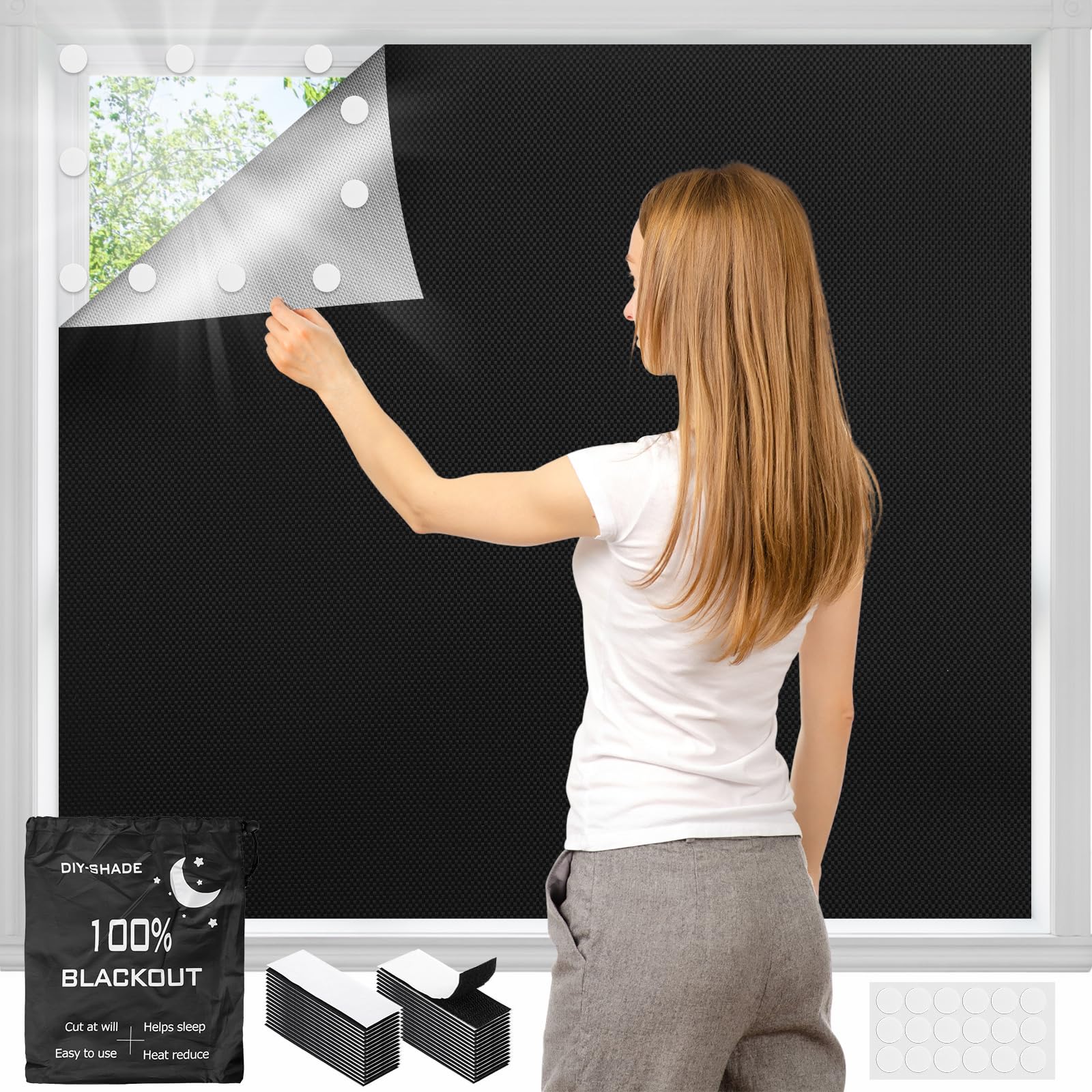 Black out Blinds Stick on, Curtains Film with 30 Hook-Loop Tabs, 400x146cm