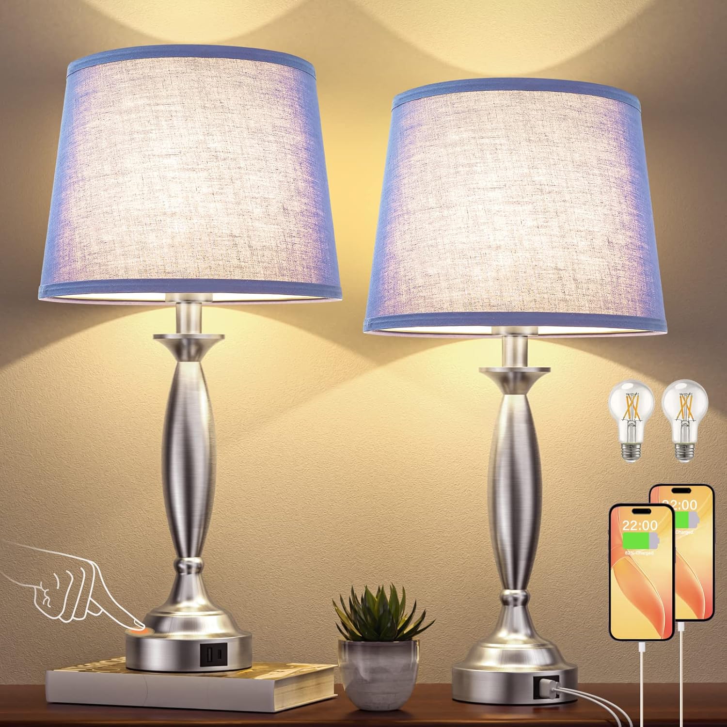 Blue Linen Shade Nickel Base Touch Control Table Lamps Set of 2