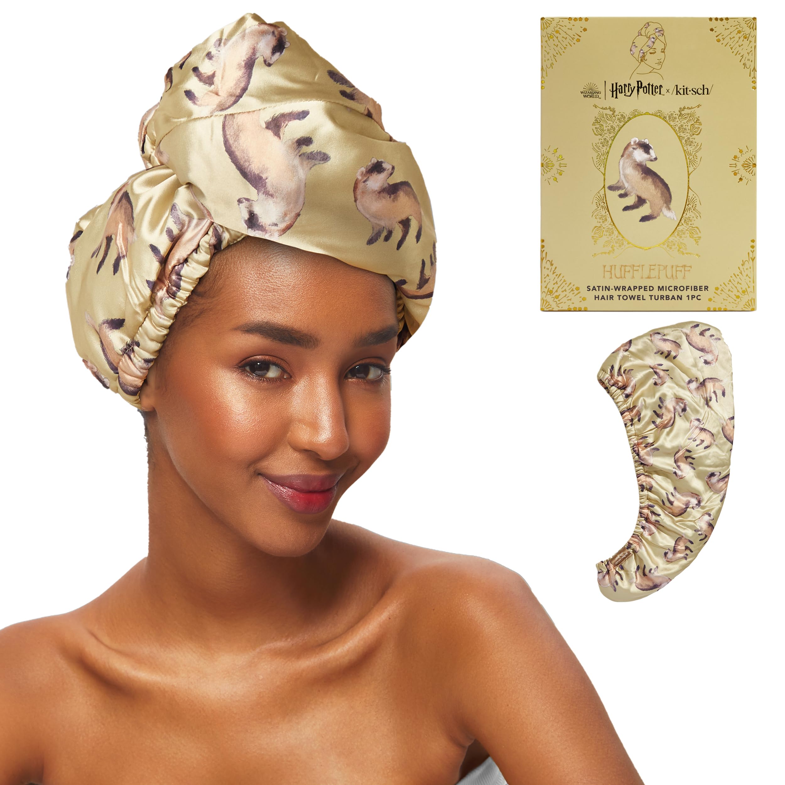 Kitsch x Harry Potter Satin Wrapped Microfiber Hair Towel Wrap for Women - Anti-Frizz Quick Dry Hair Towels, Super Absorbent Microfiber Towel for Hair, Hair Drying, Hair Turban Towel - Hufflepuff