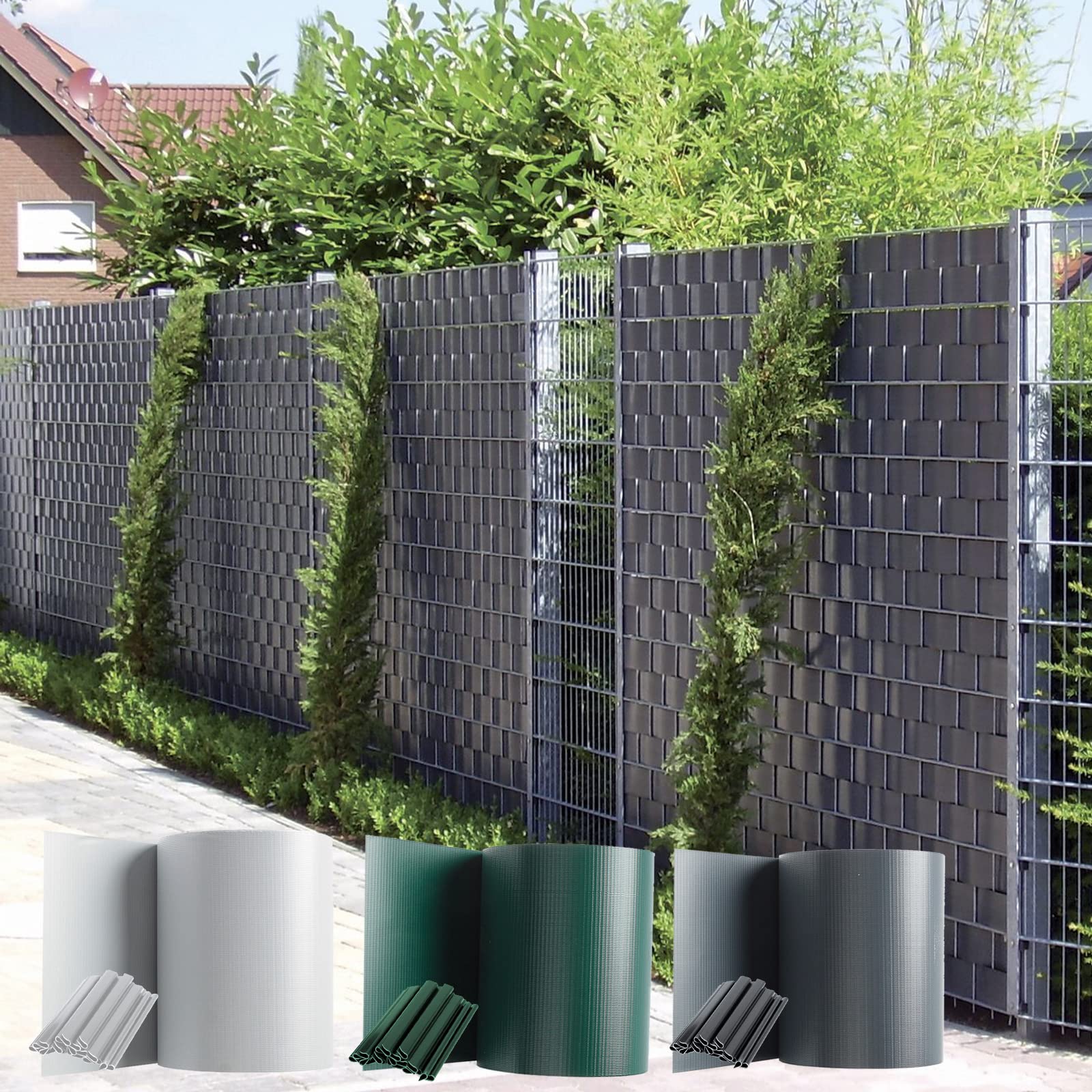 70 m x 19 cm - Bandes brise-vue en PVC pour double fil - 4 rouleaux de clôture - 60 clips de fixation - Bandes brise-vue - Clôture de jardin - Anthracite
