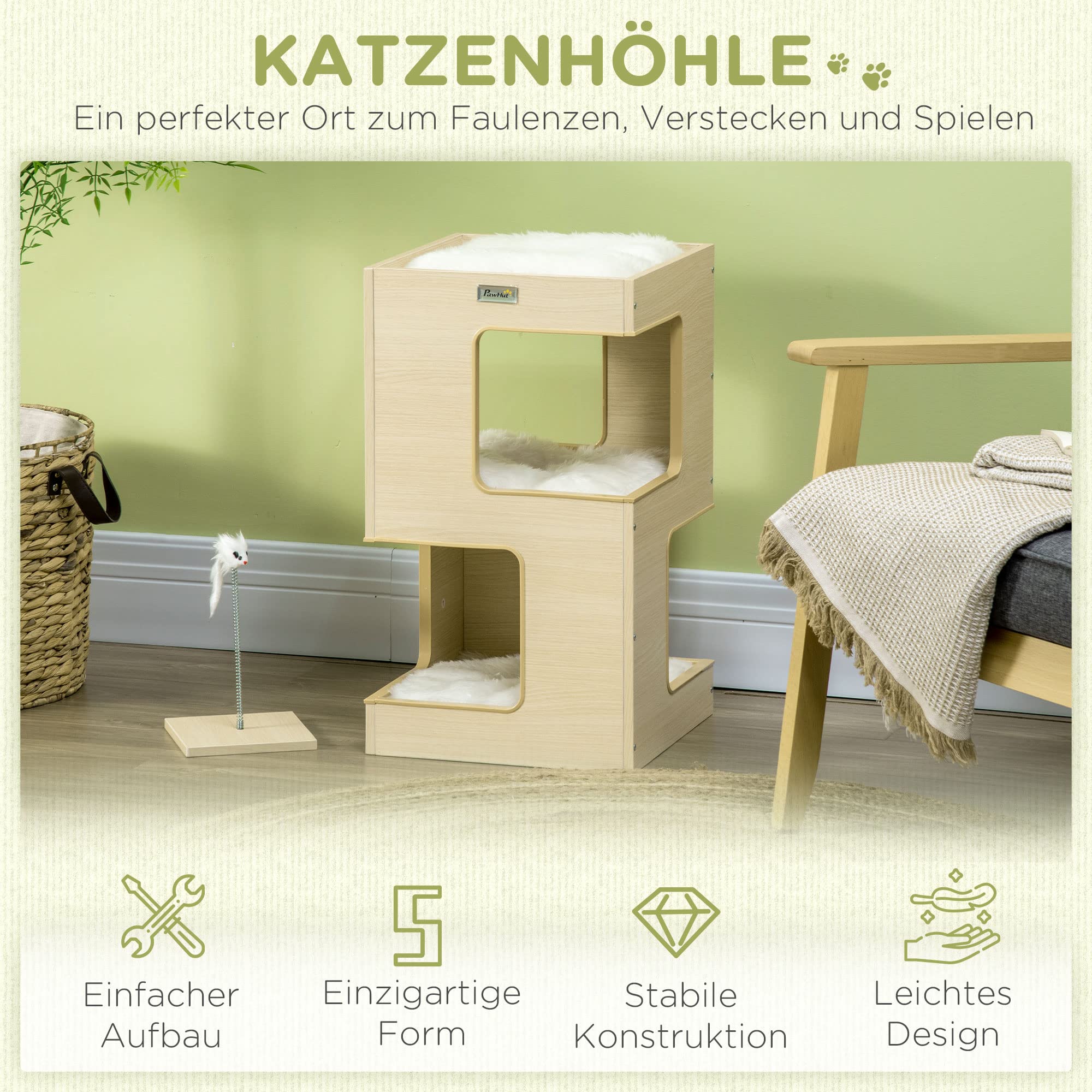 PawHut Katzenhöhle 3-stufiges Katzenhaus mit Kissen 34 x 34 x 60 cm Eiche