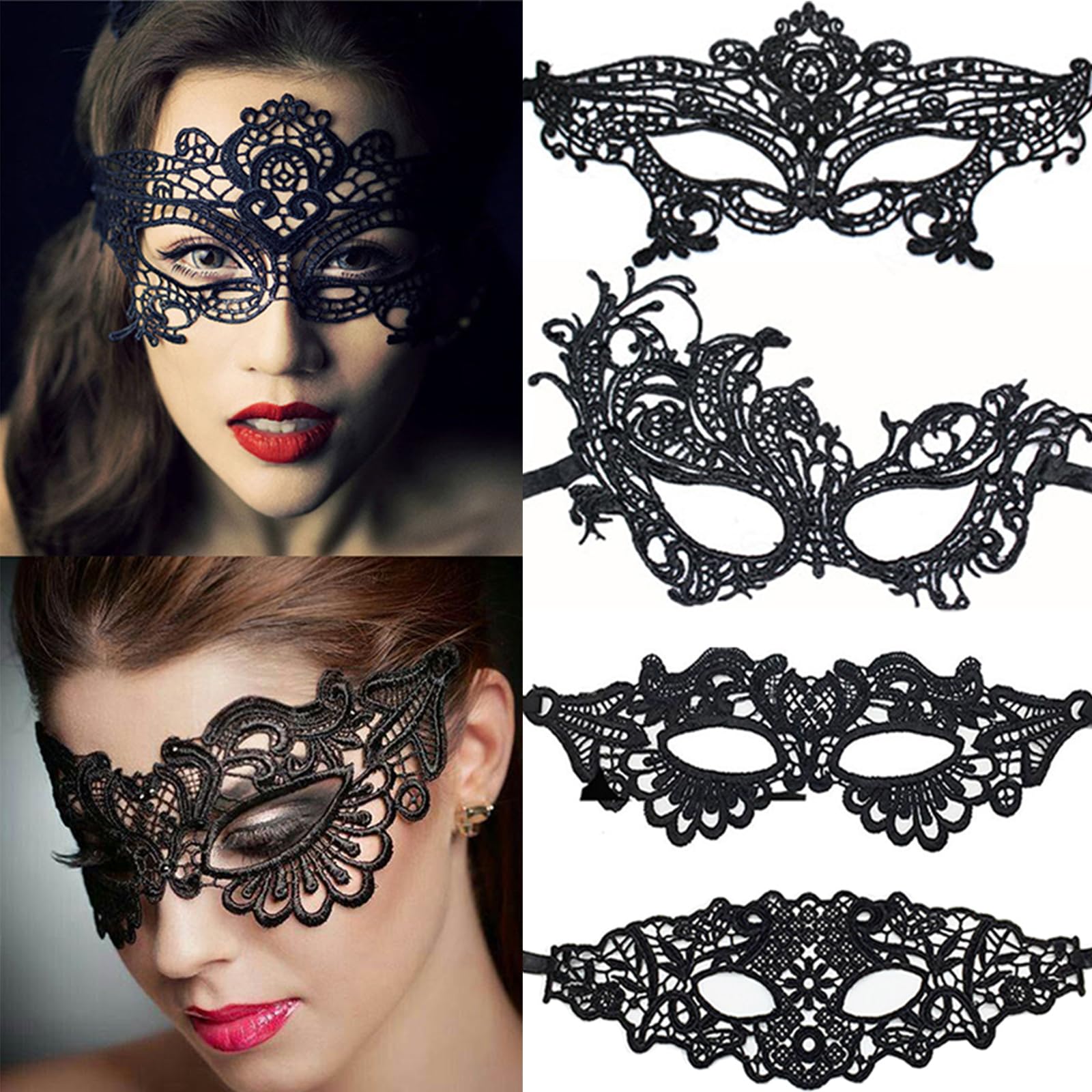 RUSTAMM 4 Sets Black Lace Eye Mask for Women Lady Masquerade Halloween Christmas Thememed Party Cosplay Decoration Accessories Supplies