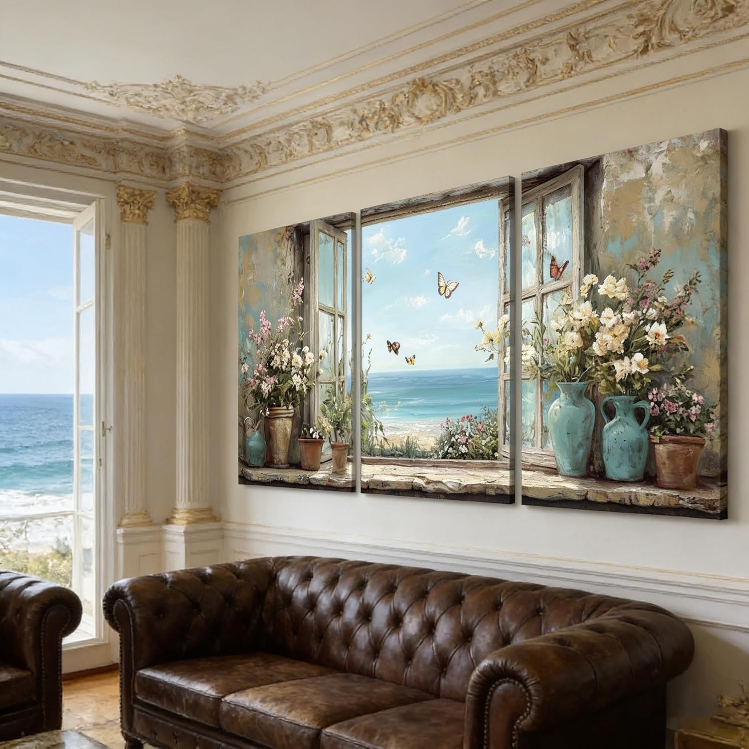3Pcs 3D Texture Ocean View Window Floral Canvas Wall Art Beach Butterfly Seascape Painting Picture Wall Decor Blue Coastal Window View Poster Print Artwork for Livingroom Bathroom Home Decoration