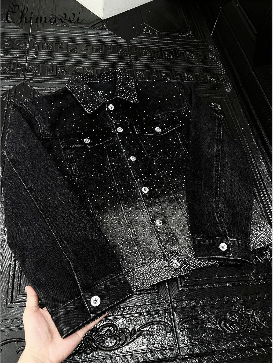 Men's Black Heavy Diamond Denim Jacket Fashion Loose Casual Shoulder Padded Coats