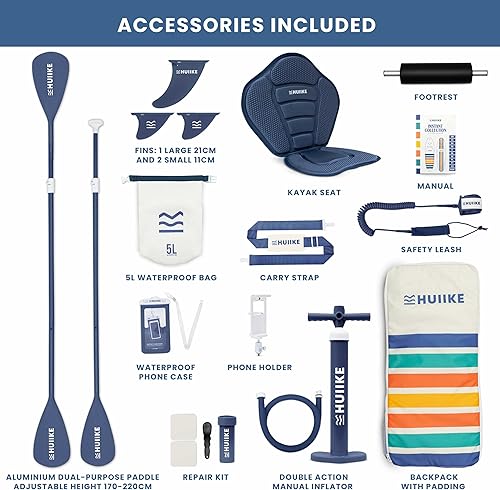 Miniatura 99 de HUIIKE Tabla de remo inflable para adultos con accesorios incluidos, remo, aletas, bomba. Tabla de remo de pie, gran estabilidad y resistencia. 10