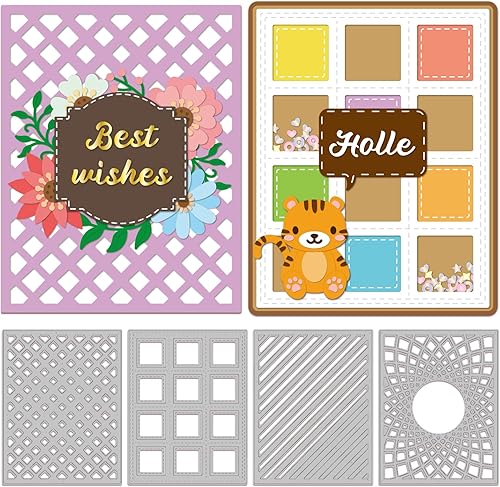 INFUNLY Juego de 4 troqueles de corte de marco de fondo de metal, marco de rombo hueco, marco cuadrado punteado, troquelado, fondo de cuadrícula,