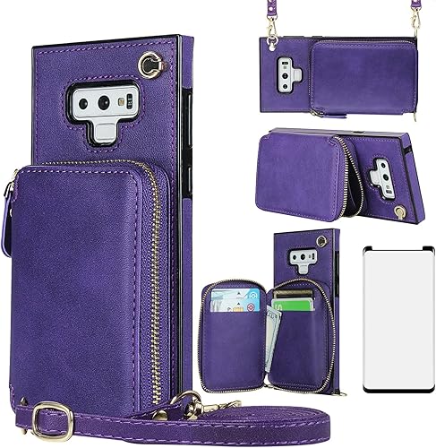 Asuwish Funda de teléfono para Samsung Galaxy Note 9 con protector de pantalla de vidrio templado y soporte para tarjetas con cremallera, soporte de