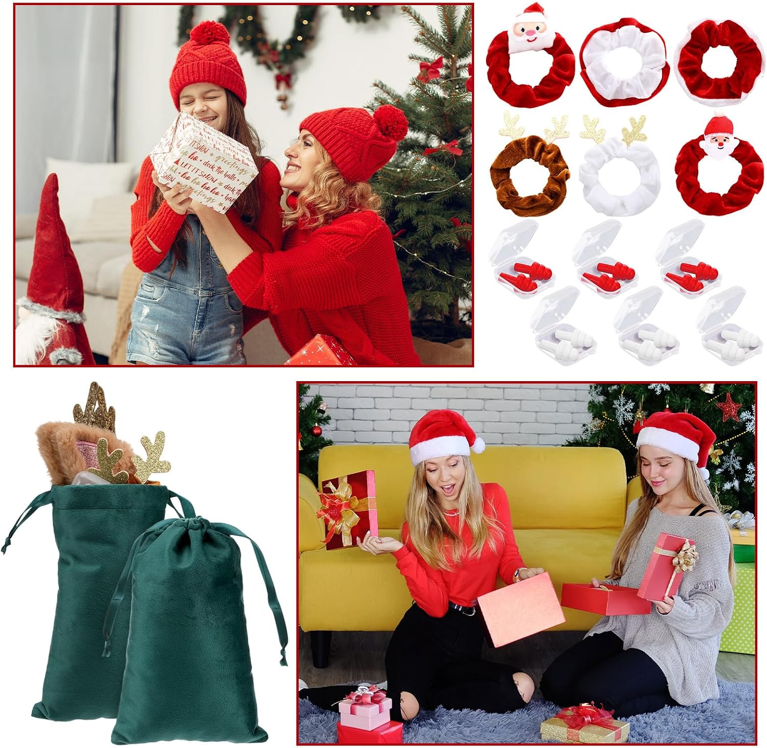 Chicingyou 6 Set Christmas Sleep Mask with Satin Travel Bag Eye Mask Gift for Christmas Elastic Scrunchie Ear Plugs Plush Eye Cover Cartoon Animal Blindfold for Xmas Party Favor Home Bed Traveling
